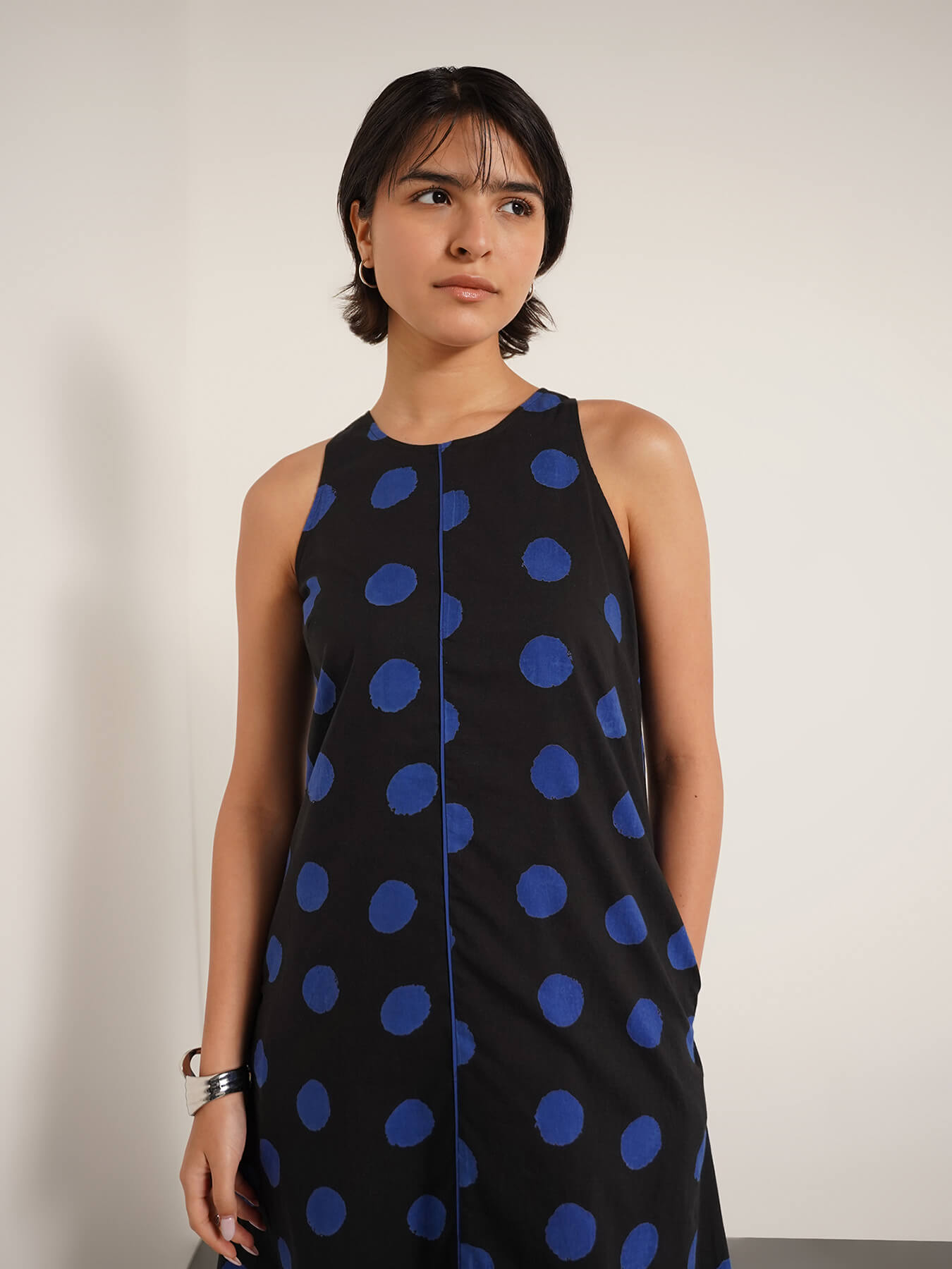 Cotton Polka A-Line Dress - Black