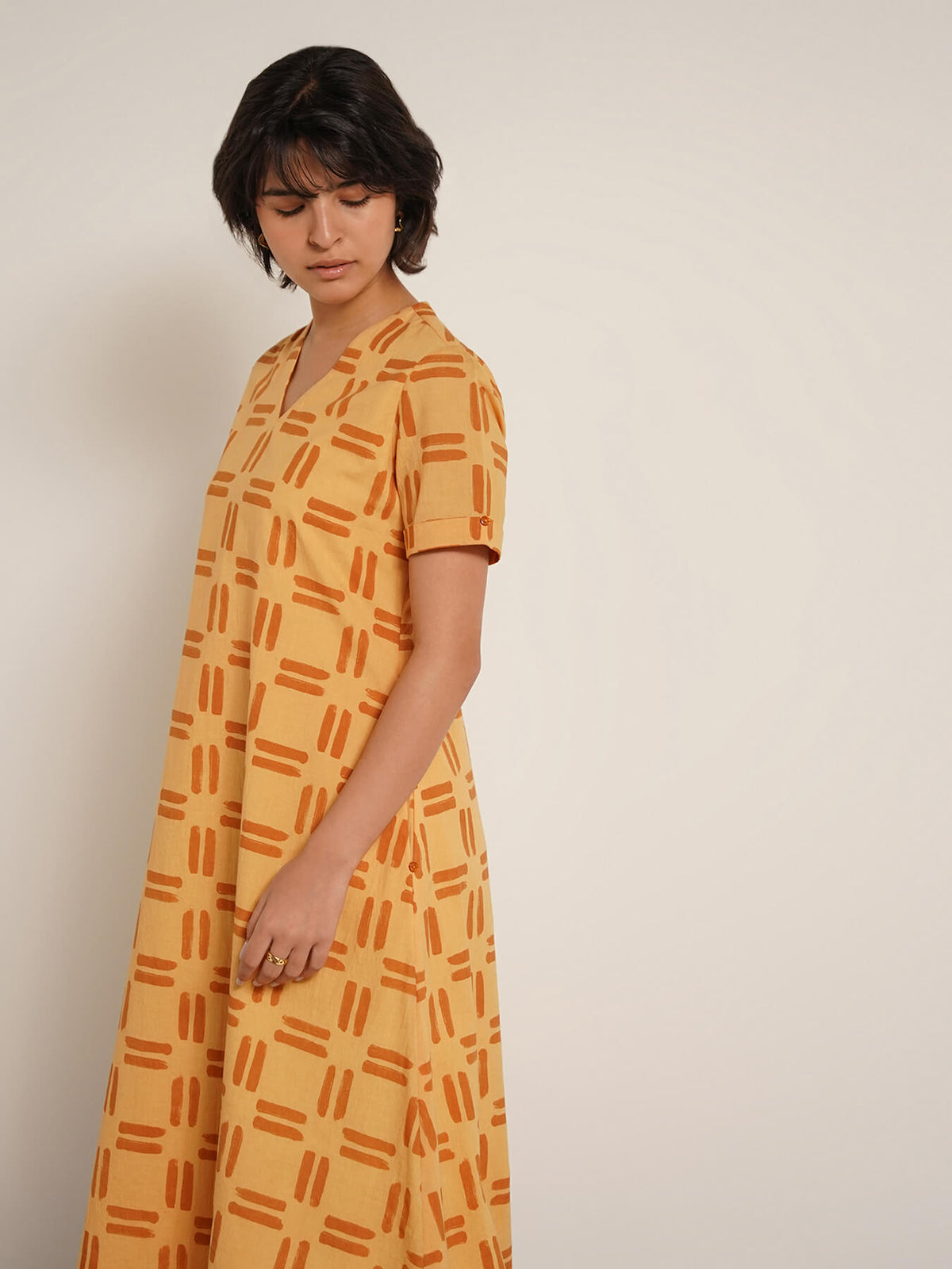 Cotton Geometric Print Midi Dress - Yellow