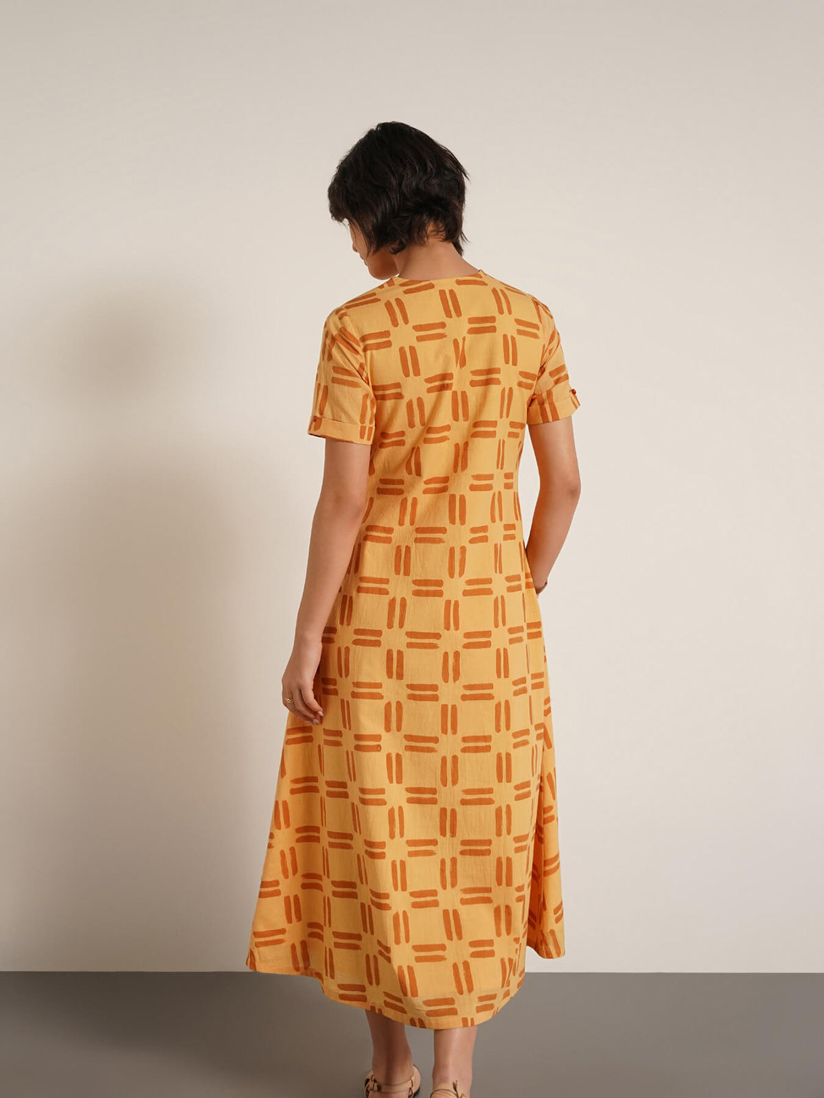 Cotton Geometric Print Midi Dress - Yellow