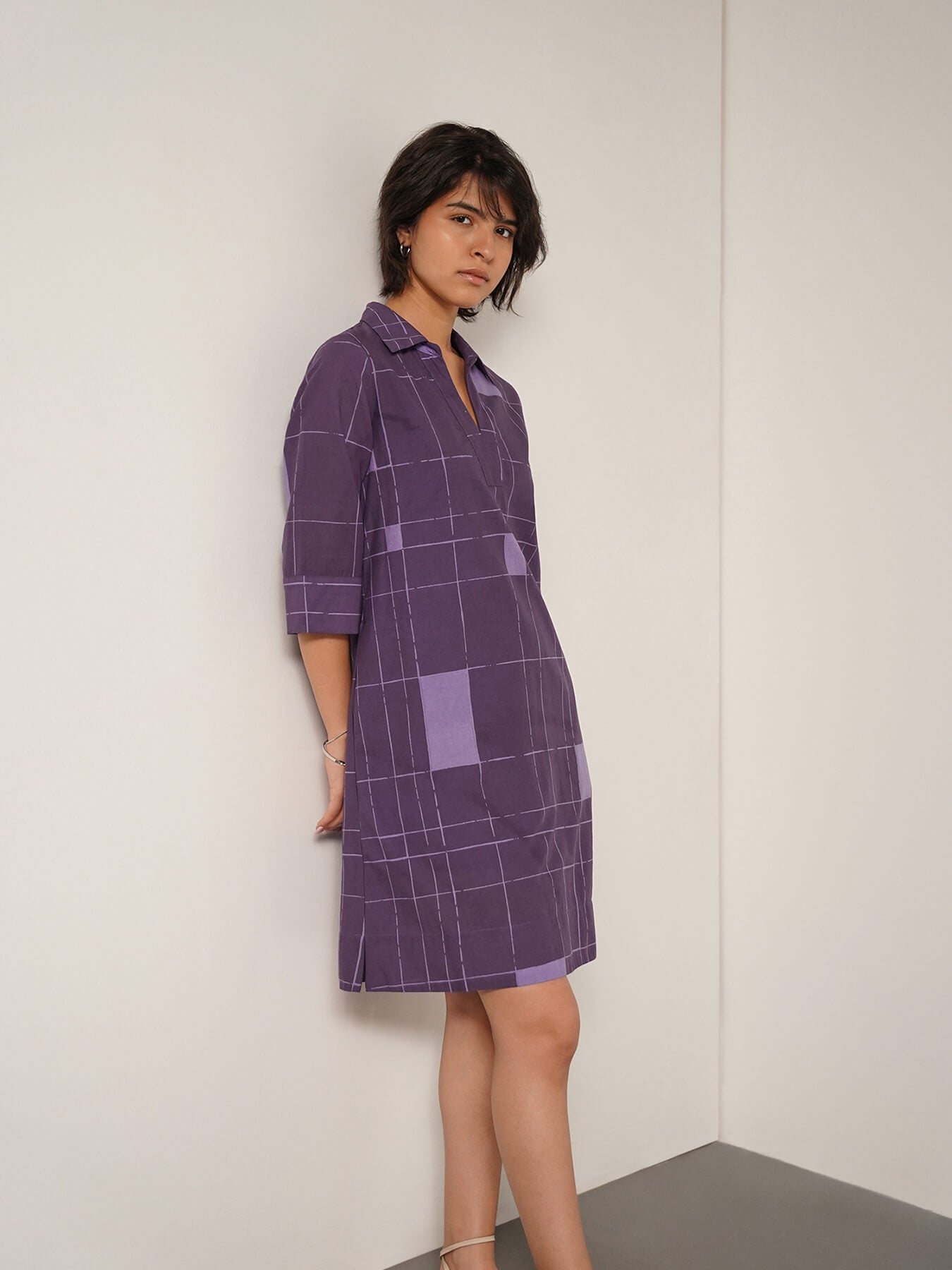 Cotton Geometric Print A-line Dress - Purple