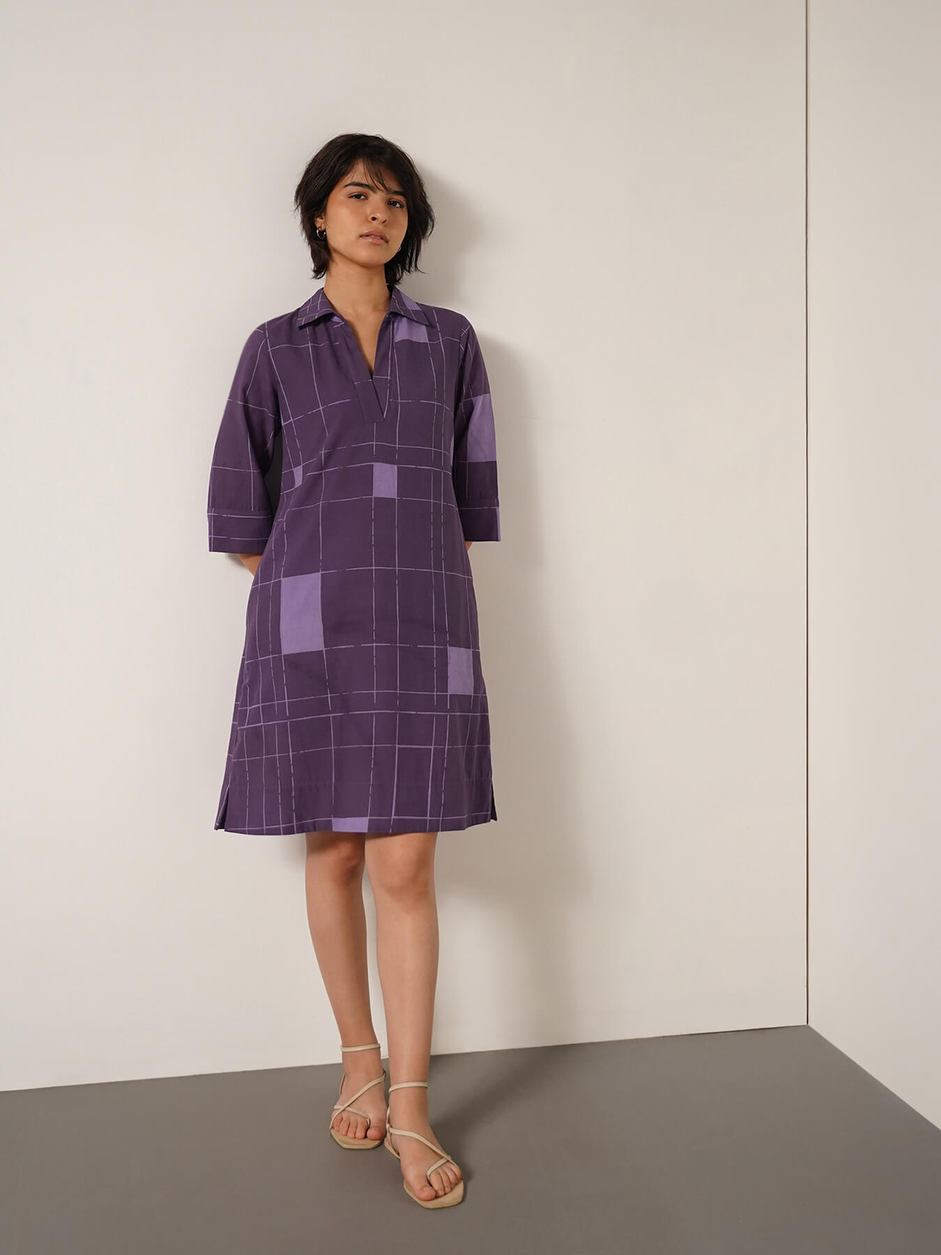 Cotton Geometric Print A-line Dress - Purple