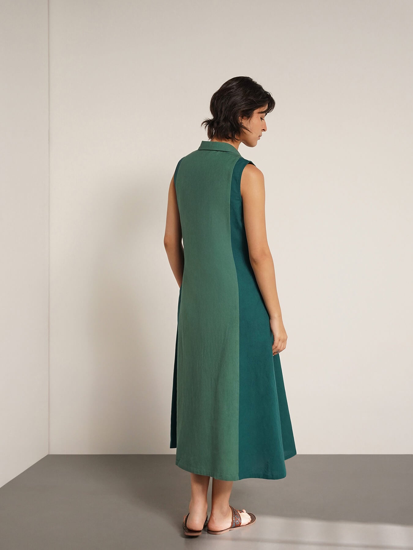 Cotton Colourblock Shirt Collar Dress - Teal
