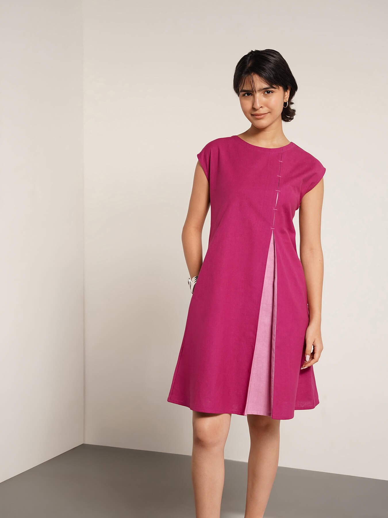 Cotton Colourblock Round Neck Dress - Pink