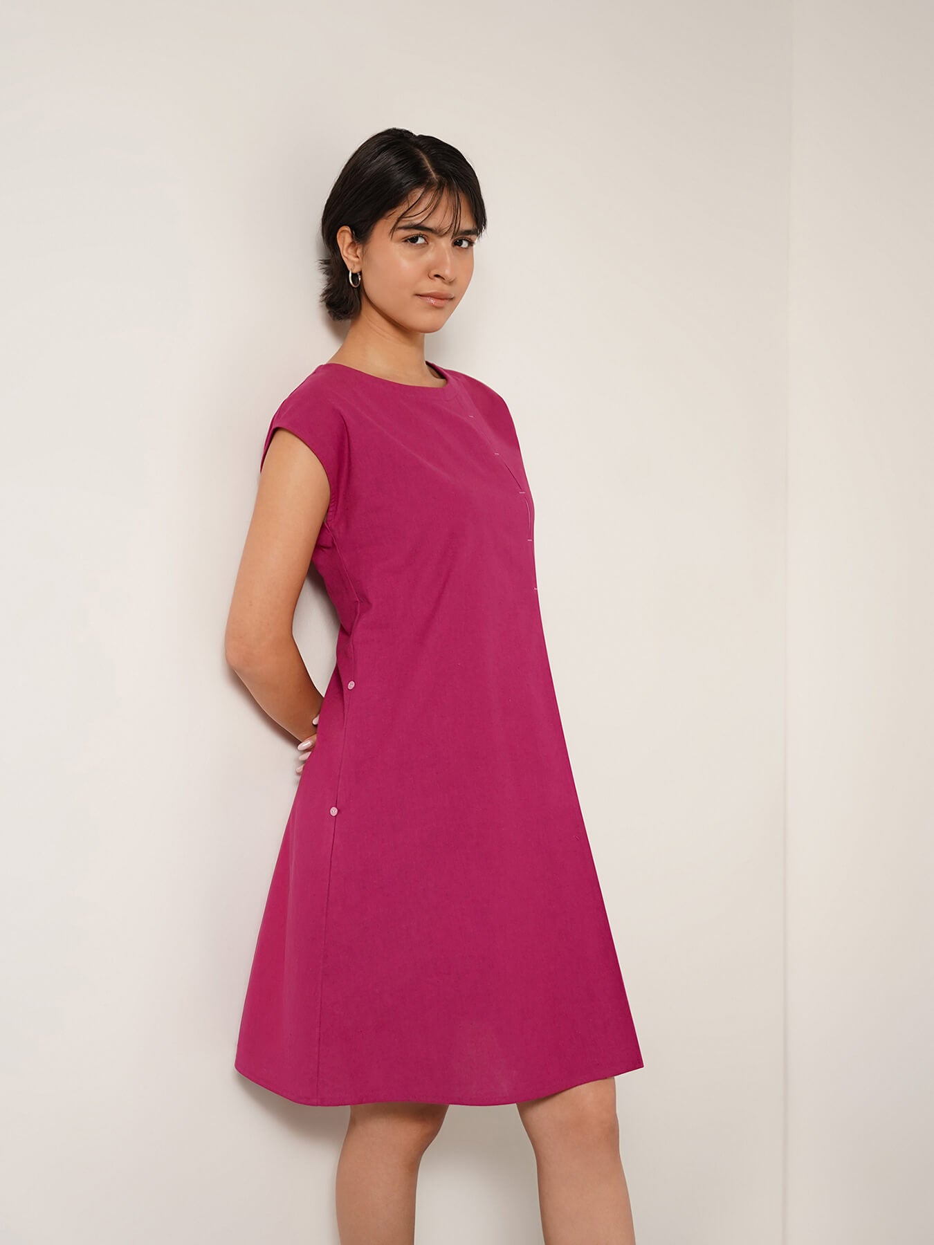 Cotton Colourblock Round Neck Dress - Pink