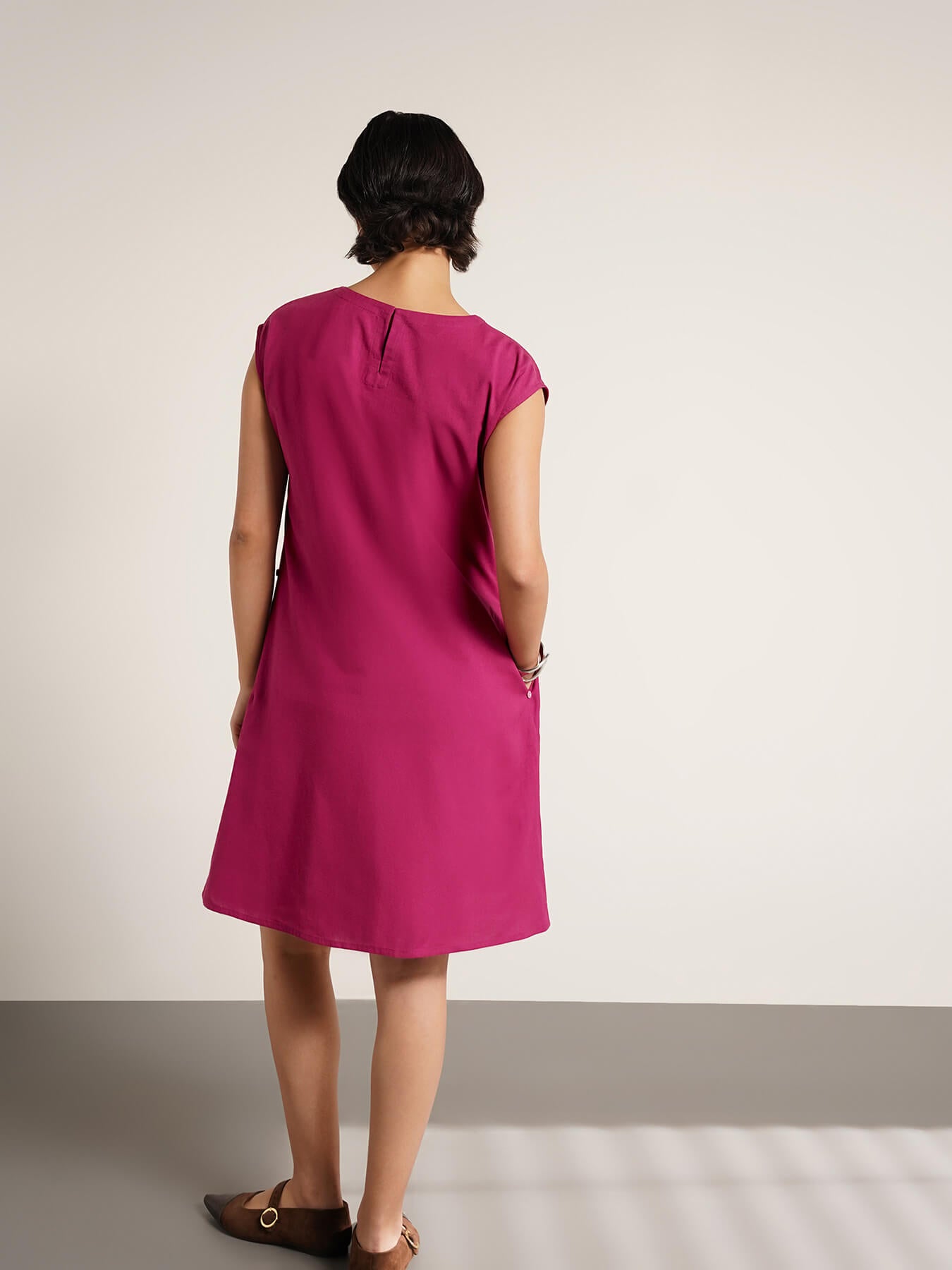 Cotton Colourblock Round Neck Dress - Pink