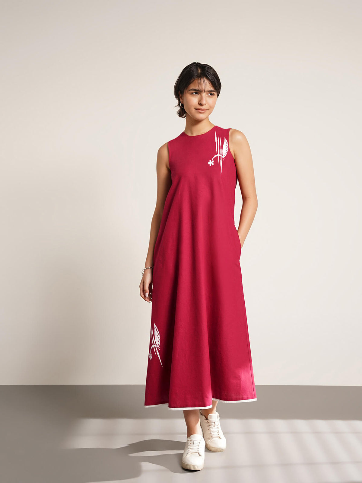 Cotton Placement Geometric Print Dress - Red