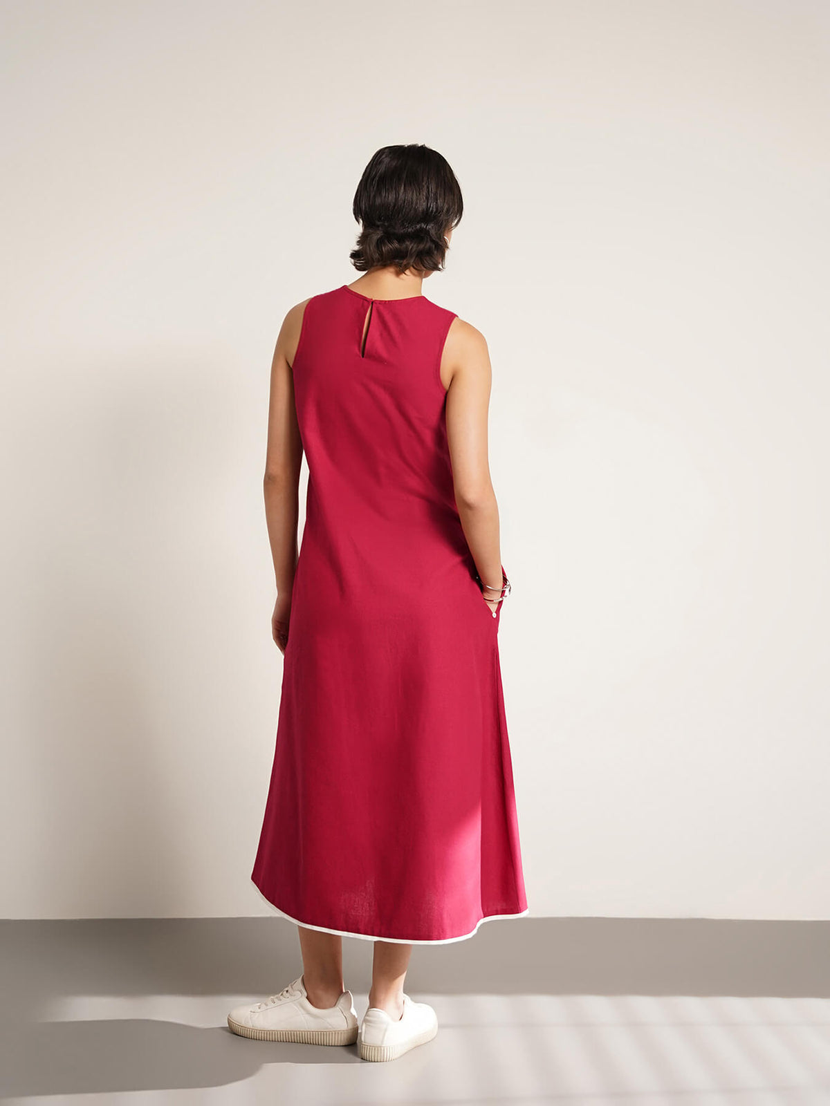 Cotton Placement Geometric Print Dress - Red