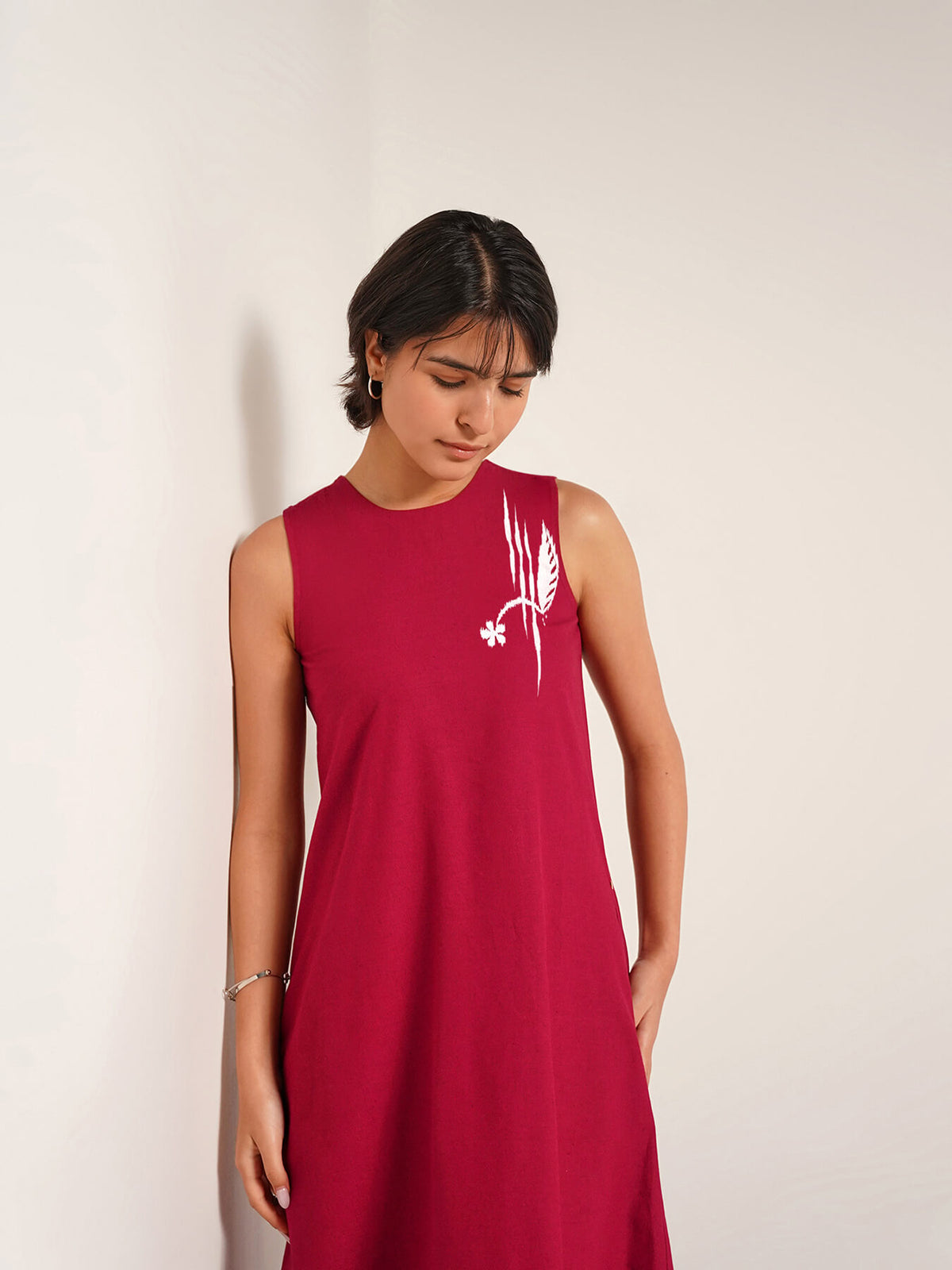 Cotton Placement Geometric Print Dress - Red