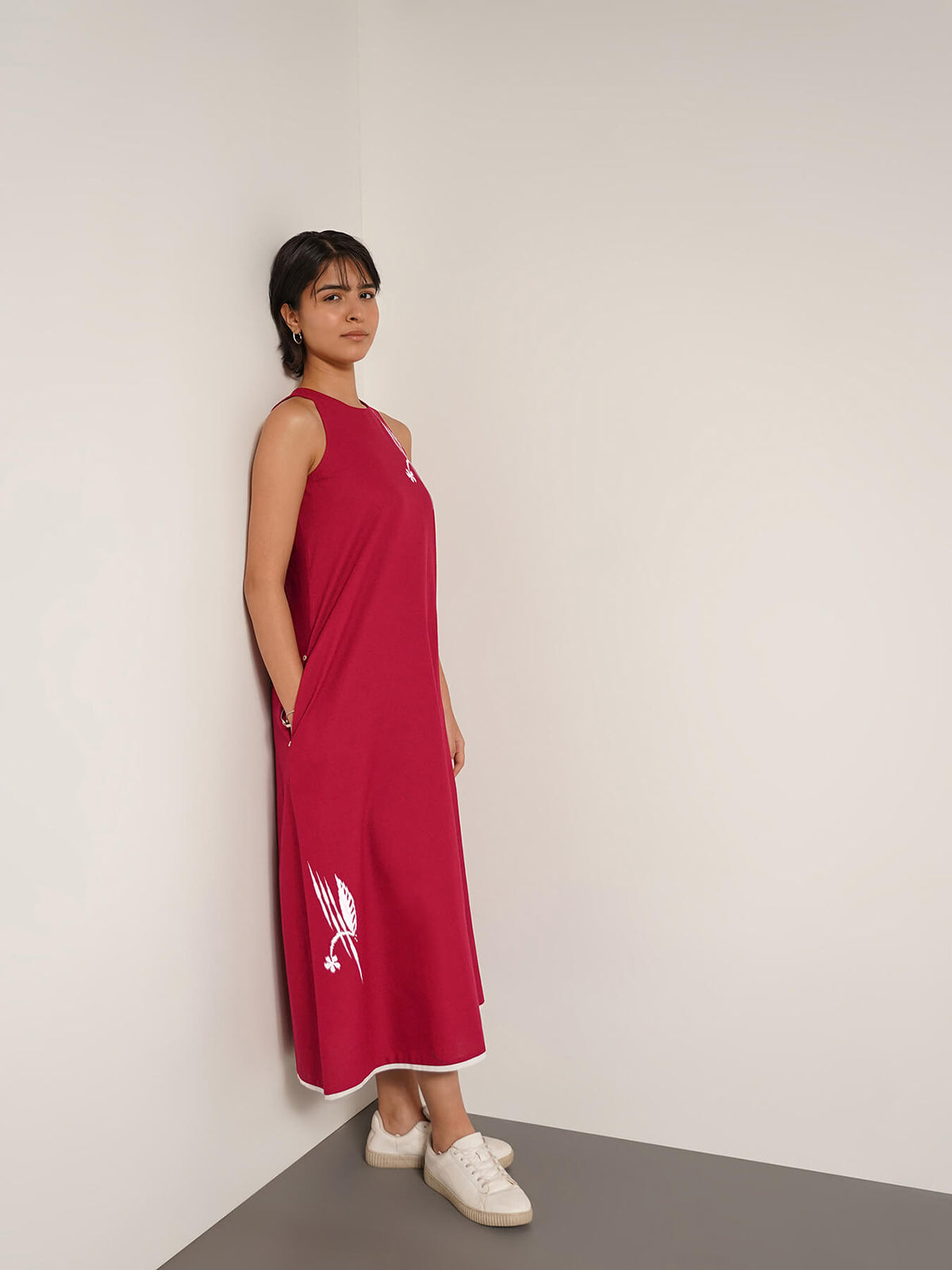 Cotton Placement Geometric Print Dress - Red