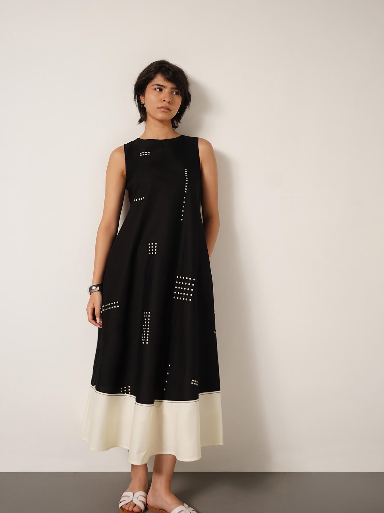 Cotton Colourblock Geometric Print Dress - Black & White