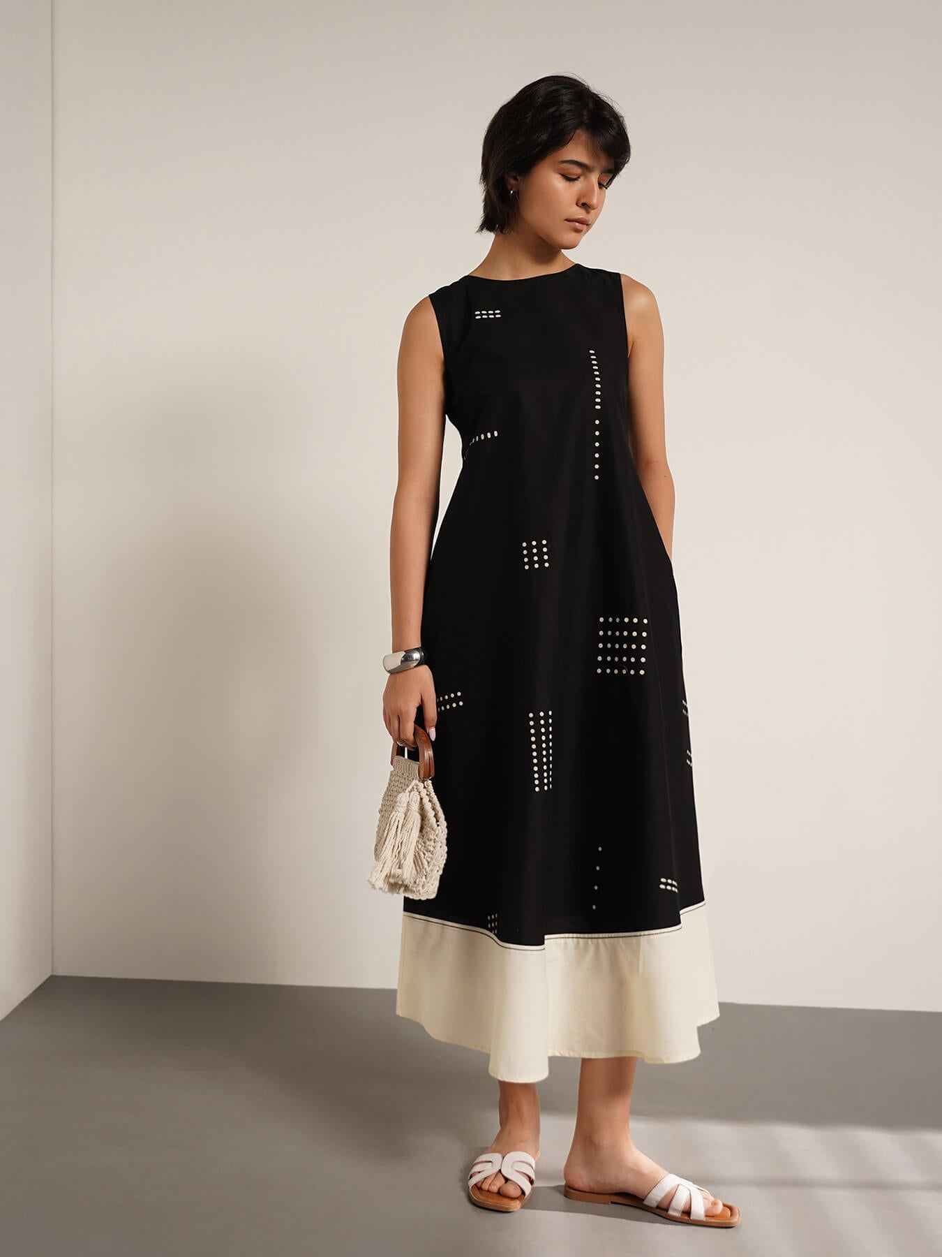 Cotton Colourblock Geometric Print Dress - Black & White