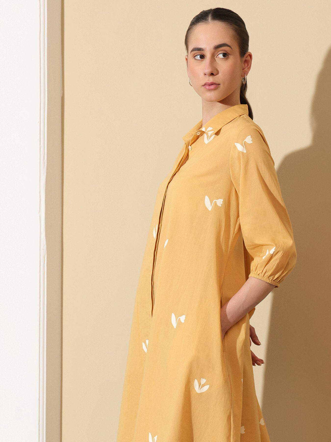 Cotton Floral Shirt Style Dress - Yellow