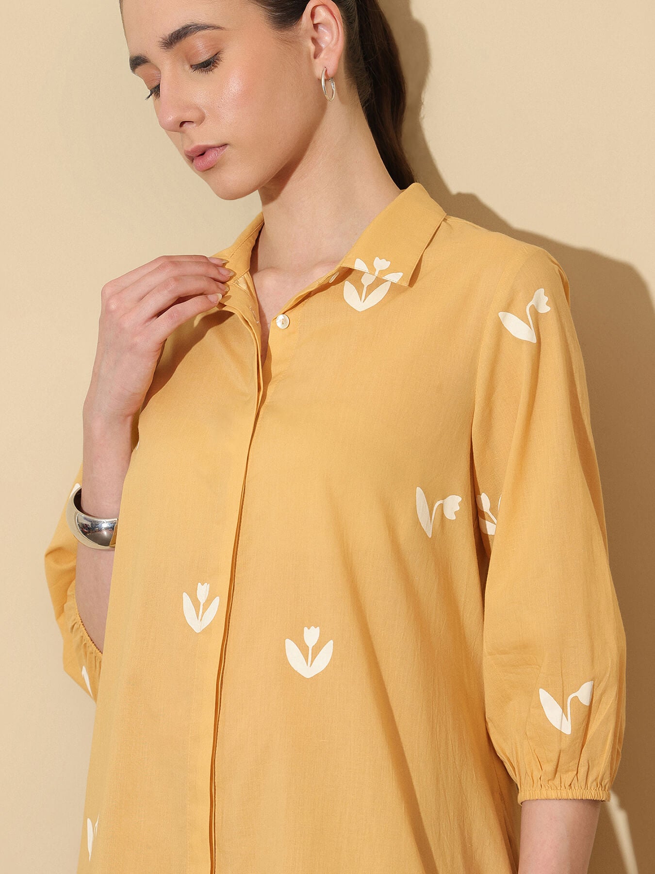 Cotton Floral Shirt Style Dress - Yellow