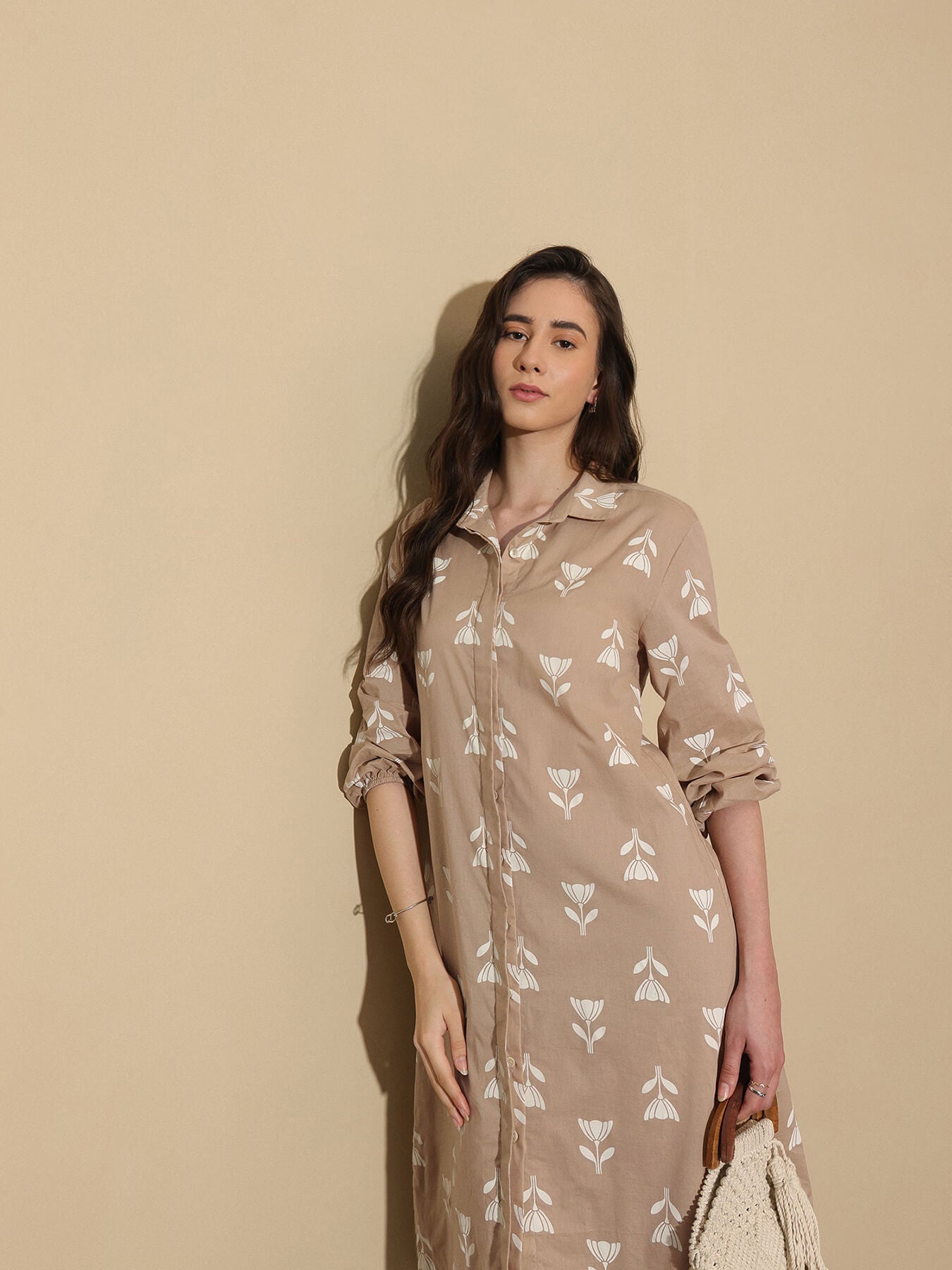 Cotton Floral Shirt Collar Dress - Beige