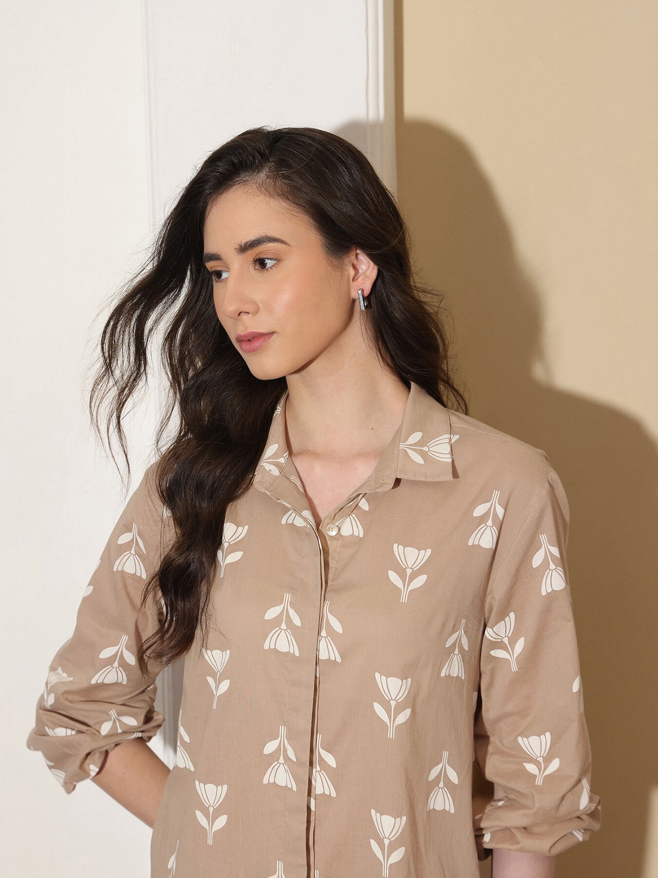 Cotton Floral Shirt Collar Dress - Beige