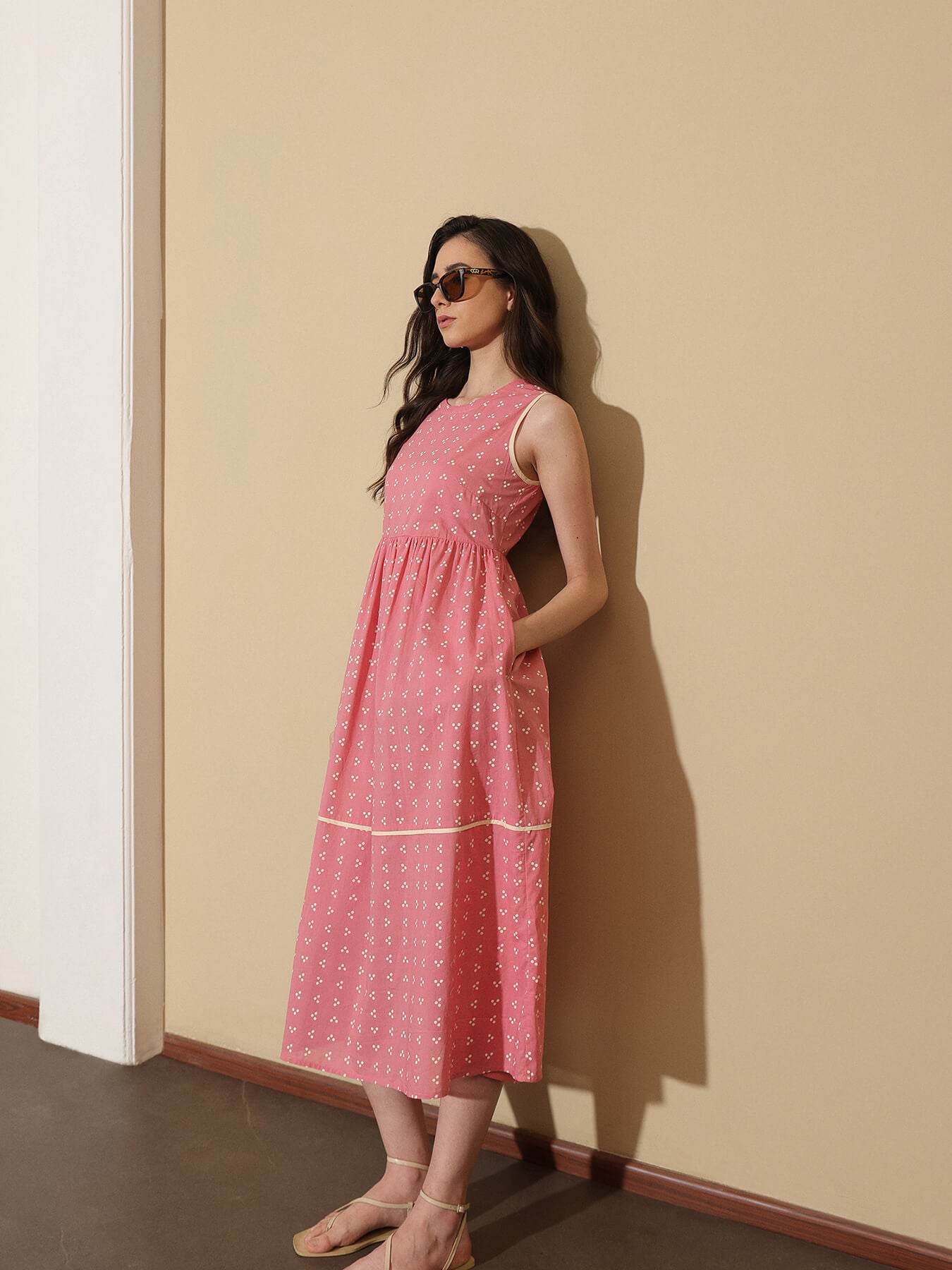 Cotton Tribal Fit and Flare Dress - Pink