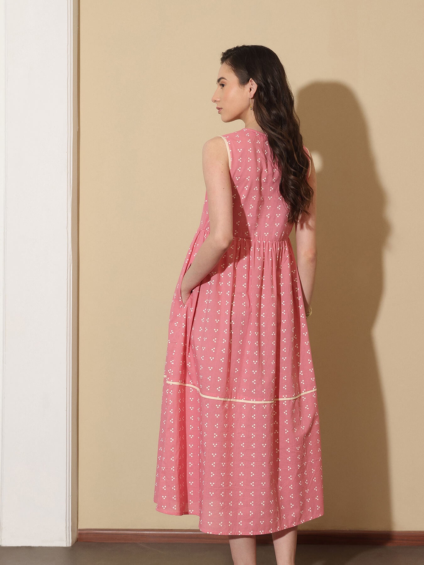 Cotton Tribal Fit and Flare Dress - Pink