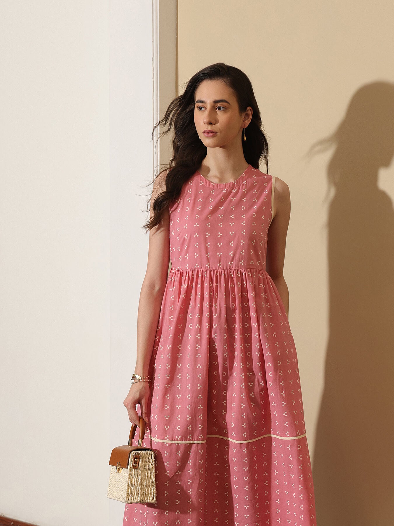 Cotton Tribal Fit and Flare Dress - Pink