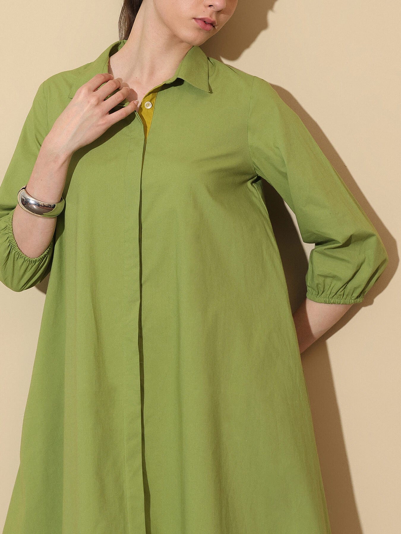 Cotton Colourblock Shirt Collar Dress - Green