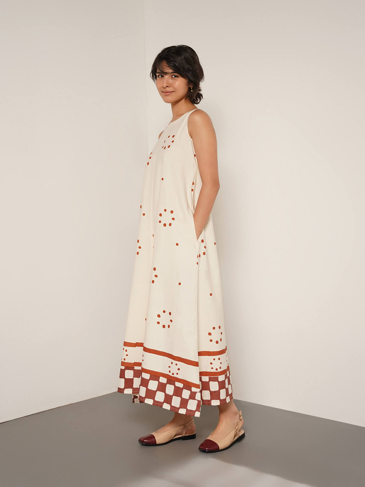 Cotton Geometric Print A-Line Dress - Off White