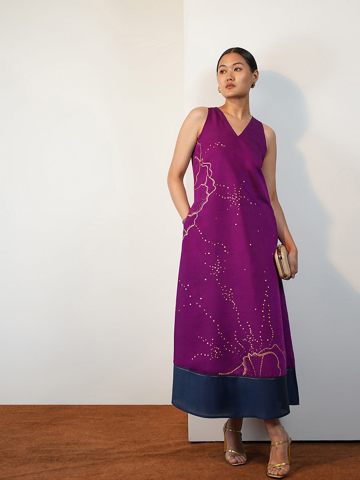 Viscose Silk Floral Midi Dress - Purple