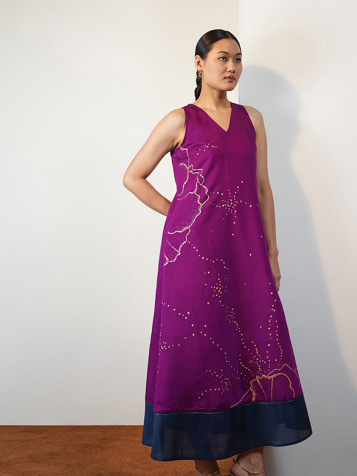 Viscose Silk Floral Midi Dress - Purple