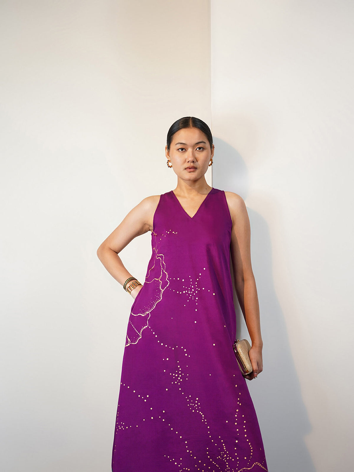 Viscose Silk Floral Midi Dress - Purple