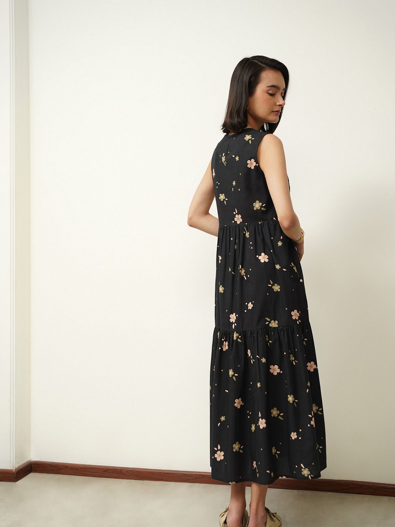 Cotton Floral A-Line Dress - Black