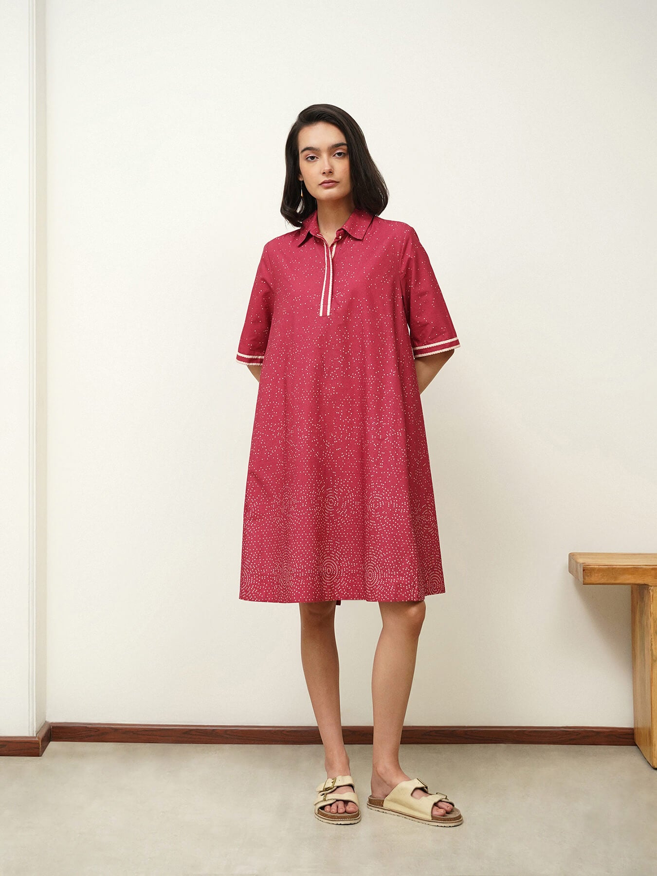Cotton Geometric A-Line Dress - Pink