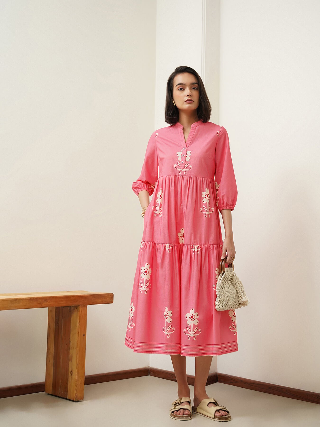Cotton Floral Mandarin Collar Kurta Set - Pink