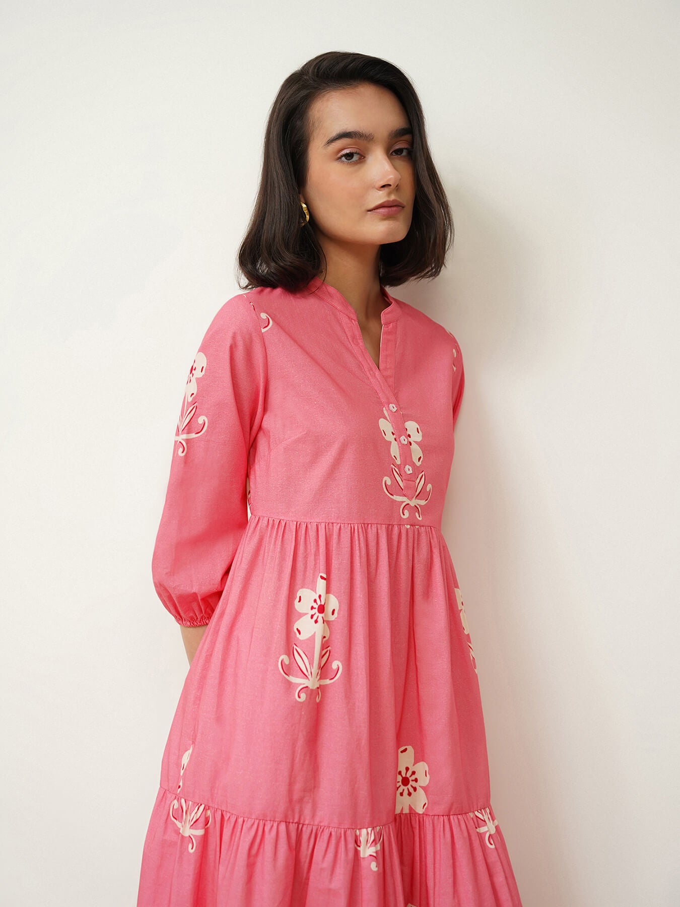 Cotton Floral Mandarin Collar Kurta Set - Pink