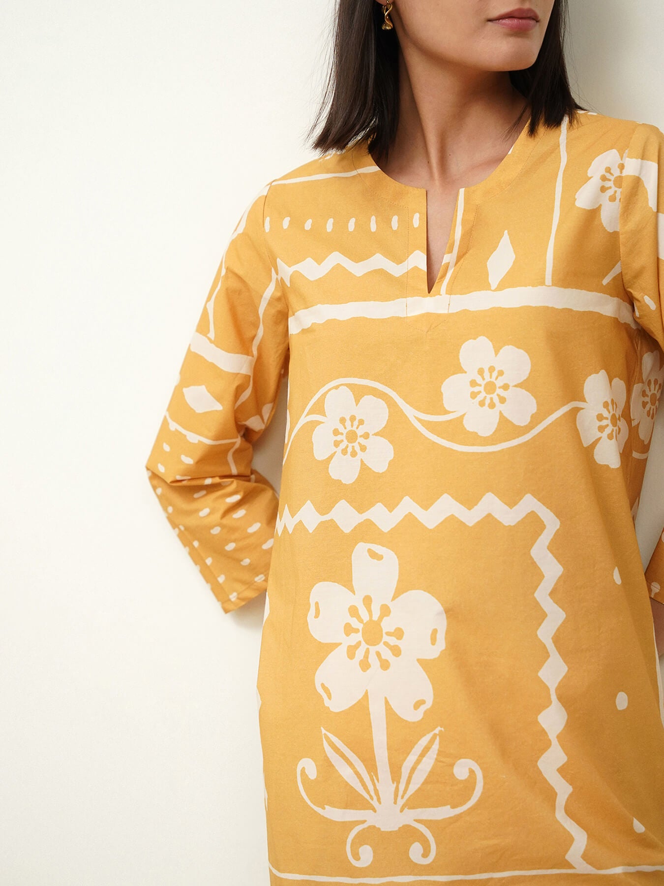 Cotton Floral Shirt Collar Dress - Yellow