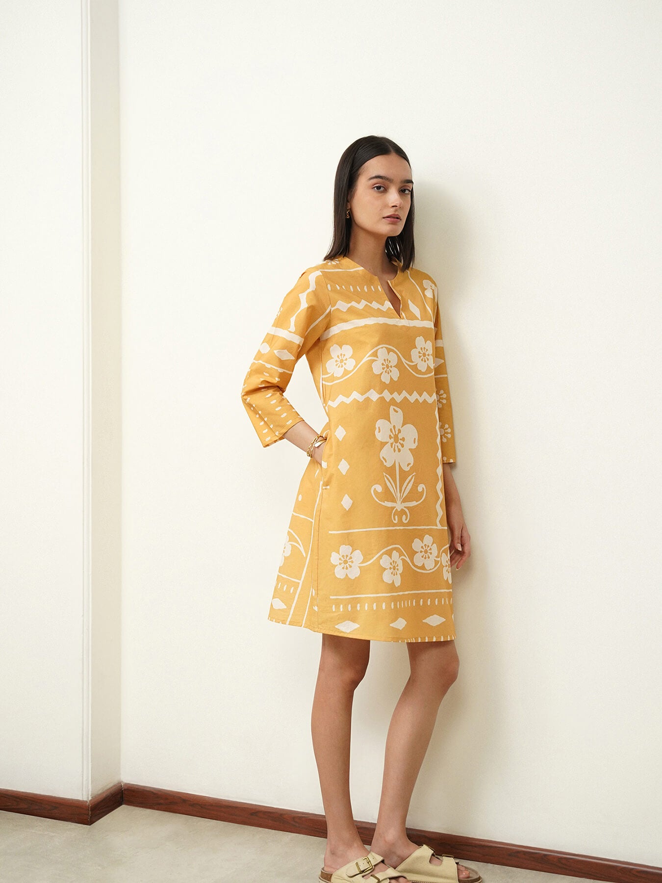 Cotton Floral Shirt Collar Dress - Yellow