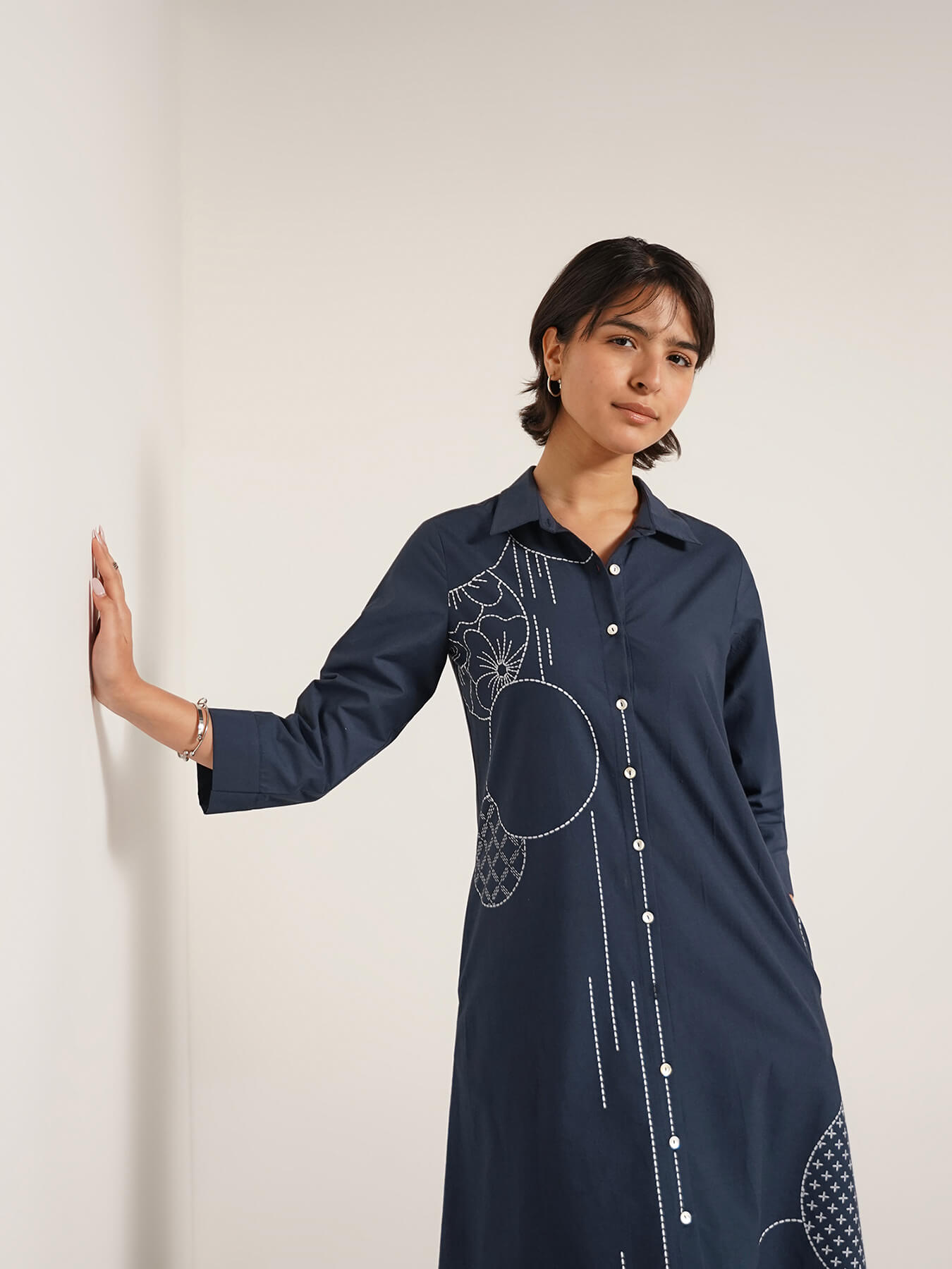 Cotton Geometric Print Shirt Dress - Navy Blue