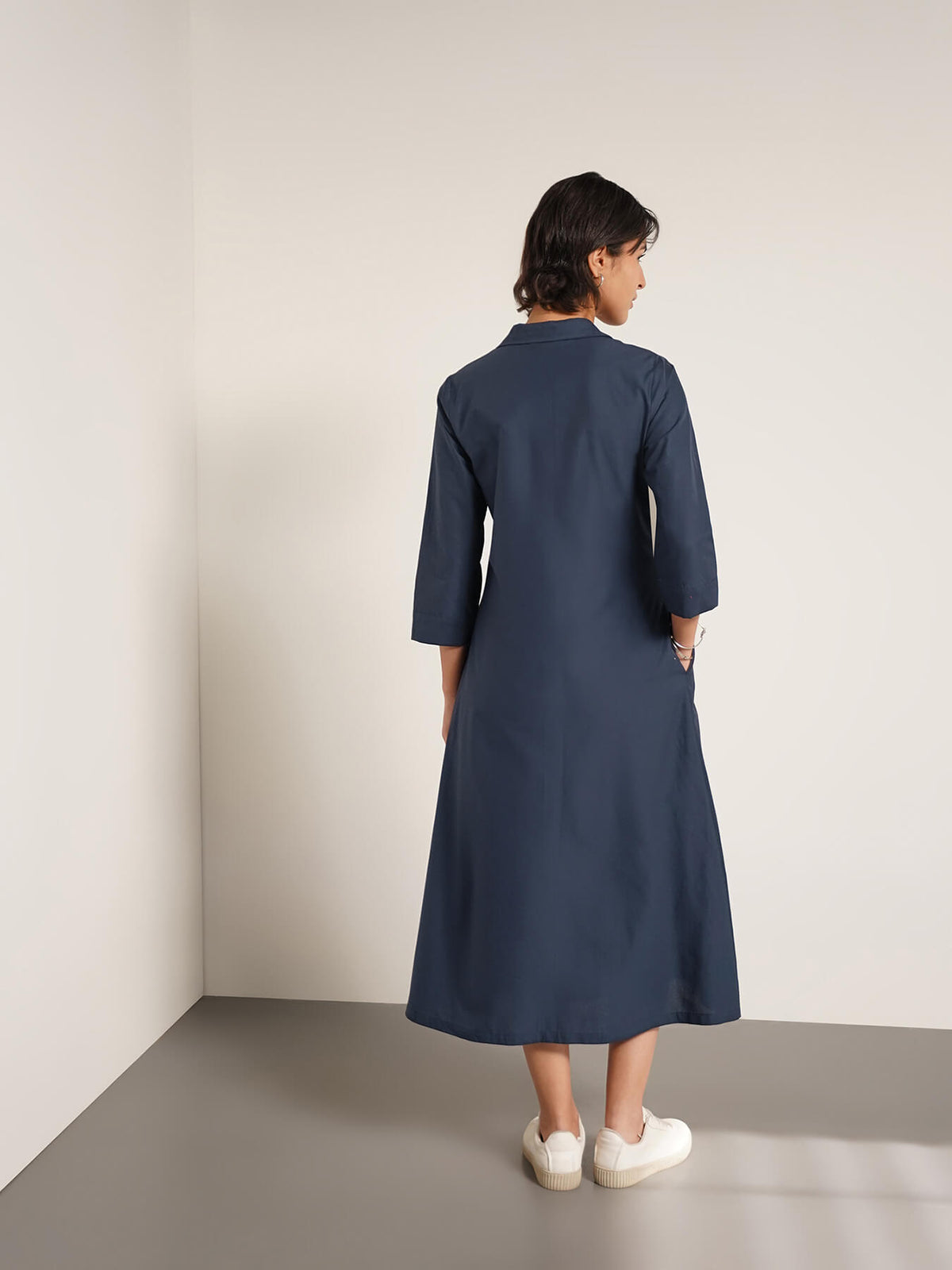 Cotton Geometric Print Shirt Dress - Navy Blue