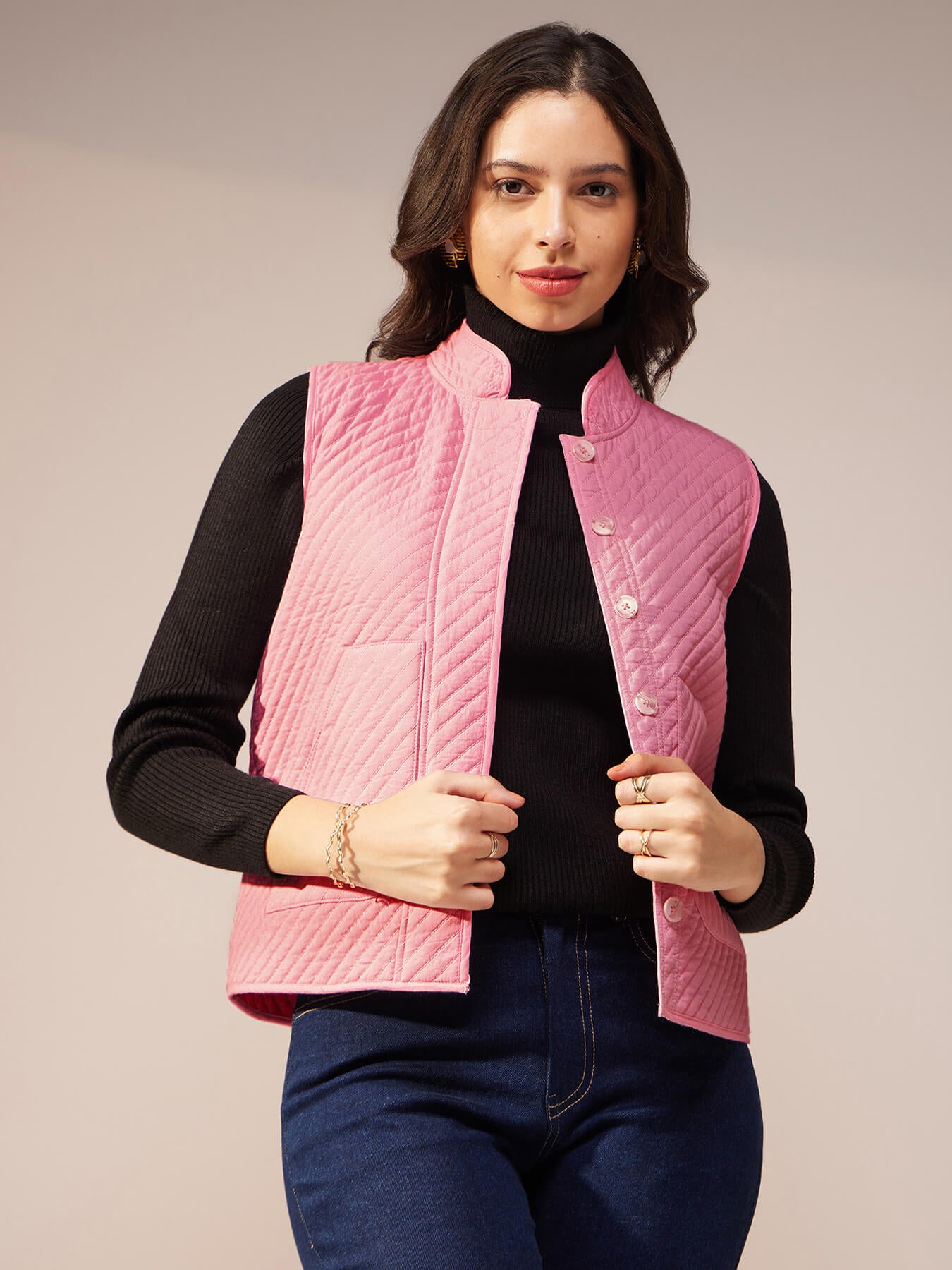 Cotton Solid Quilted Jacket - Pink