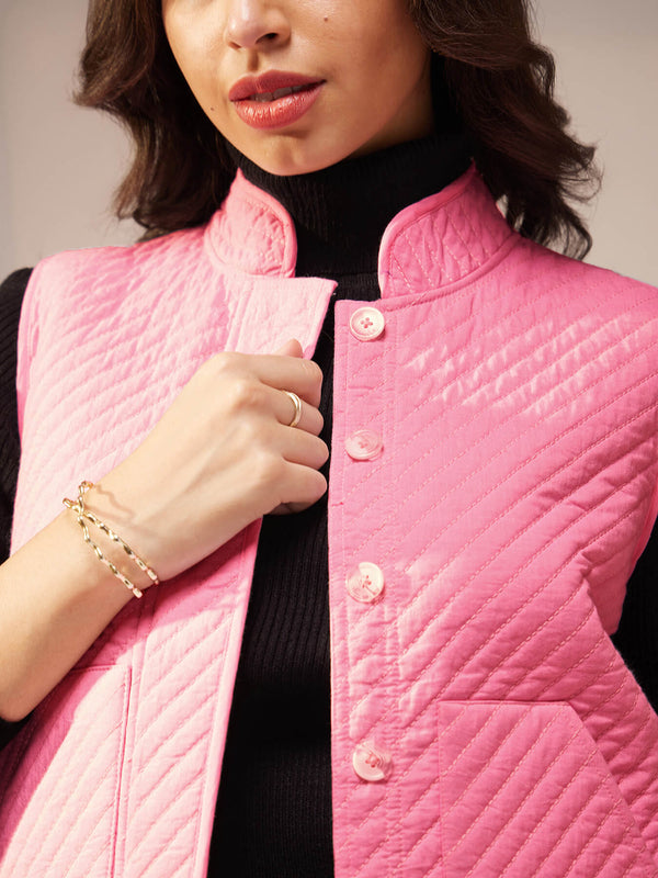 Cotton Solid Quilted Jacket - Pink