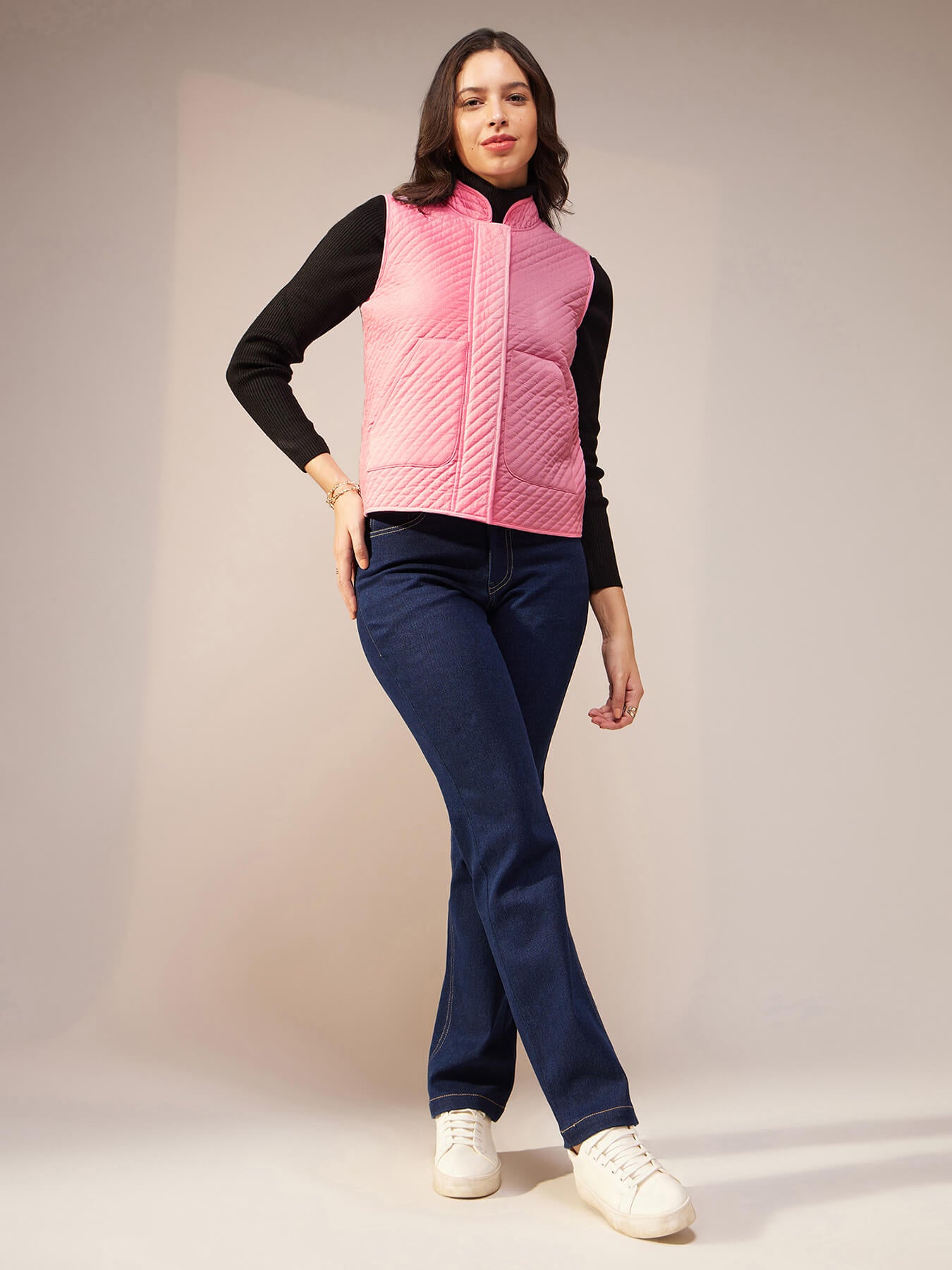 Cotton Solid Quilted Jacket - Pink