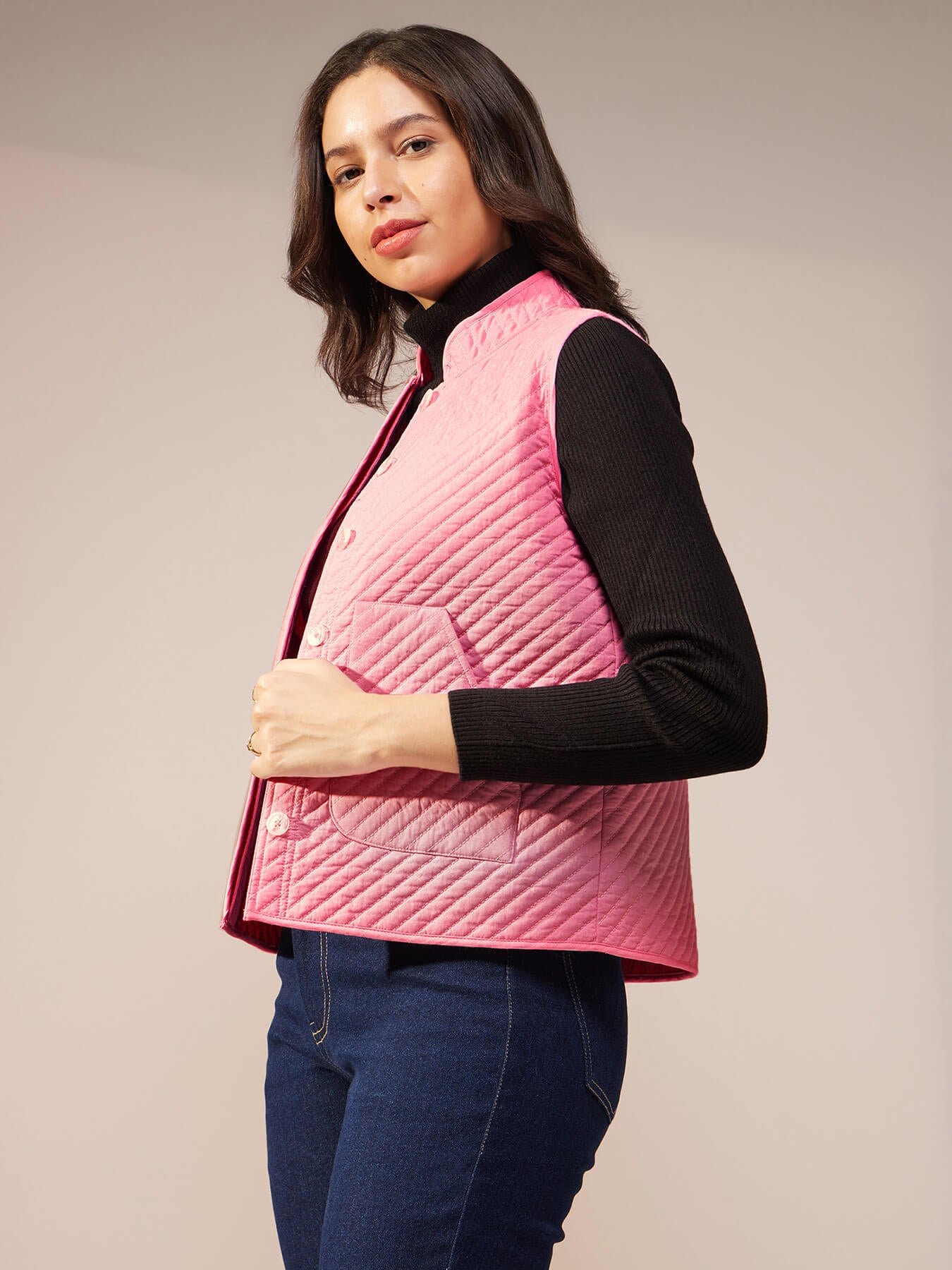 Cotton Solid Quilted Jacket - Pink