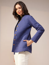 Cotton Solid Quilted Jacket - Navy Blue
