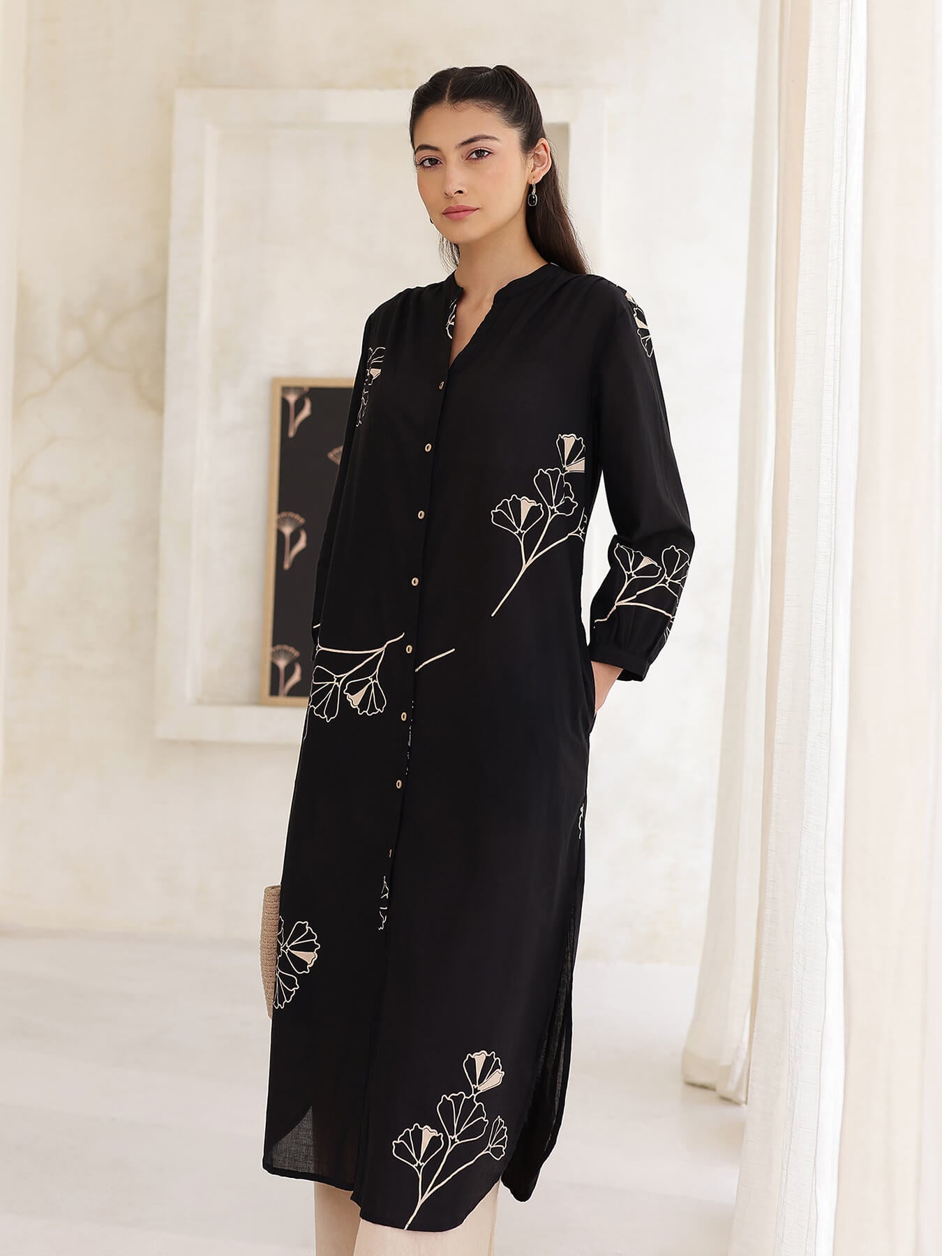 Cotton Floral Straight Kurta - Black