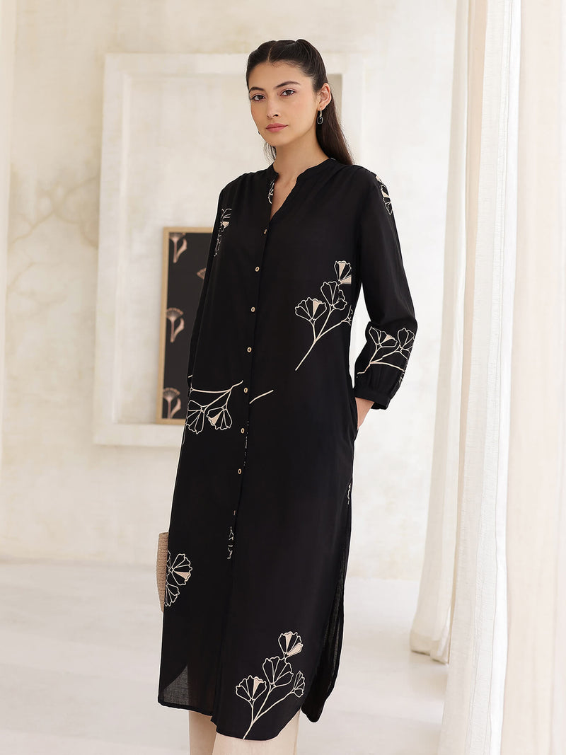 Cotton Floral Straight Kurta - Black