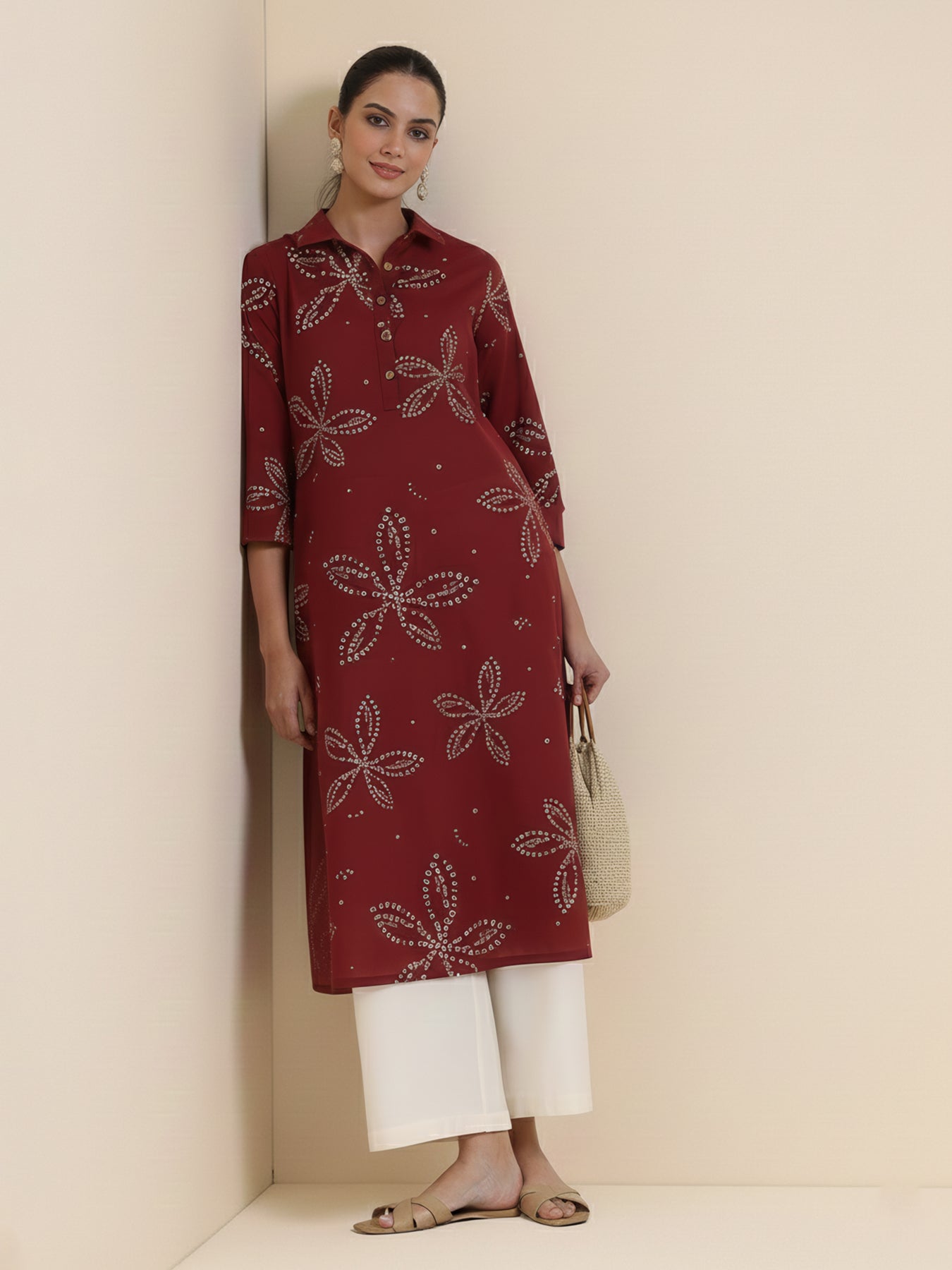 Cotton Bandhani Floral Shirt Kurta - Rust