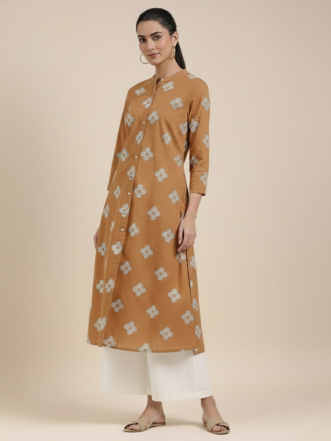 Cotton Floral Flared Kurta - Yellow