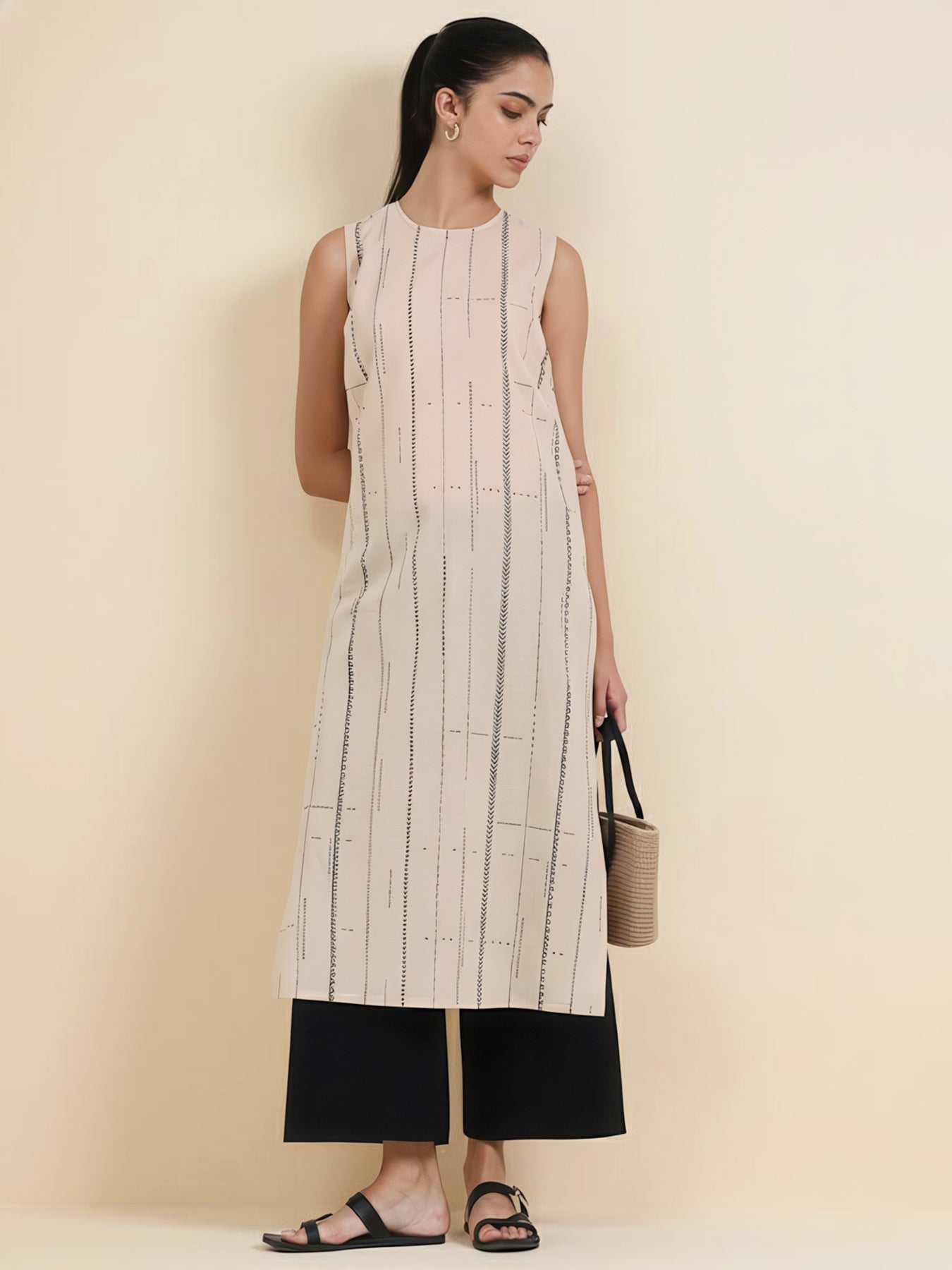 Cotton Striped Sleeveless Kurta - Beige