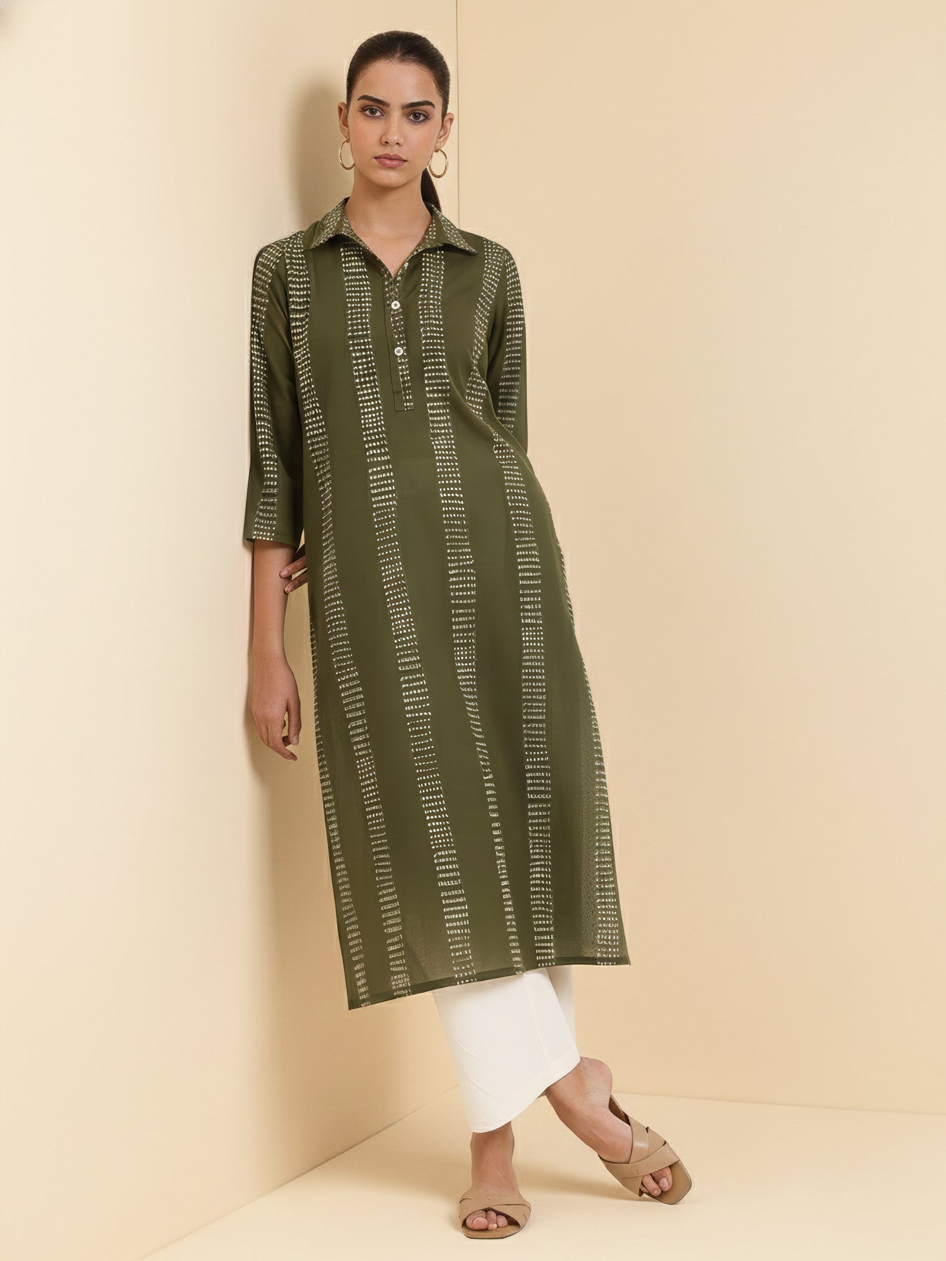 Cotton Striped Straight Kurta - Green