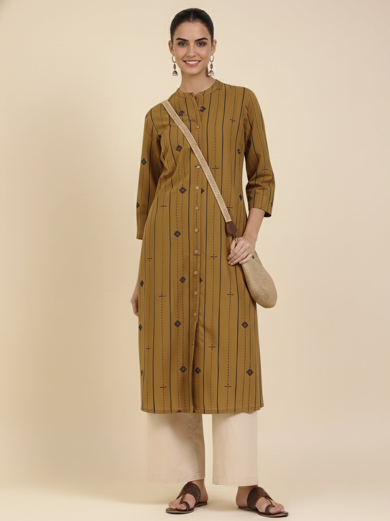 Cotton Striped Flared Kurta - Mustard