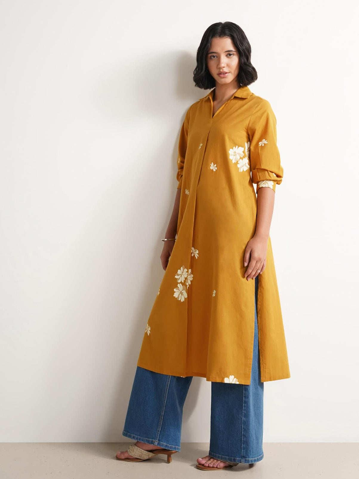Cotton Floral Straight Kurta - Mustard