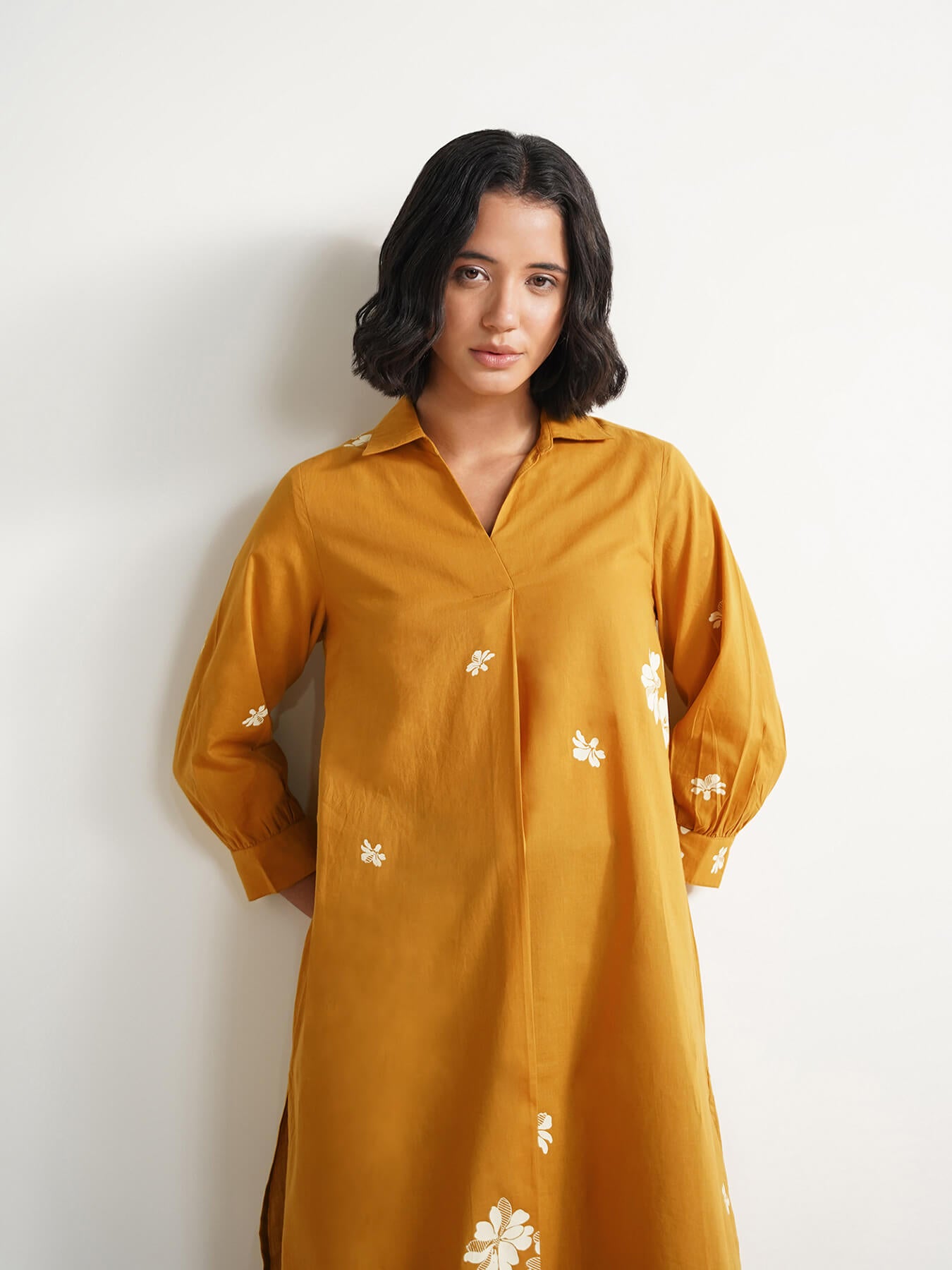 Cotton Floral Straight Kurta - Mustard
