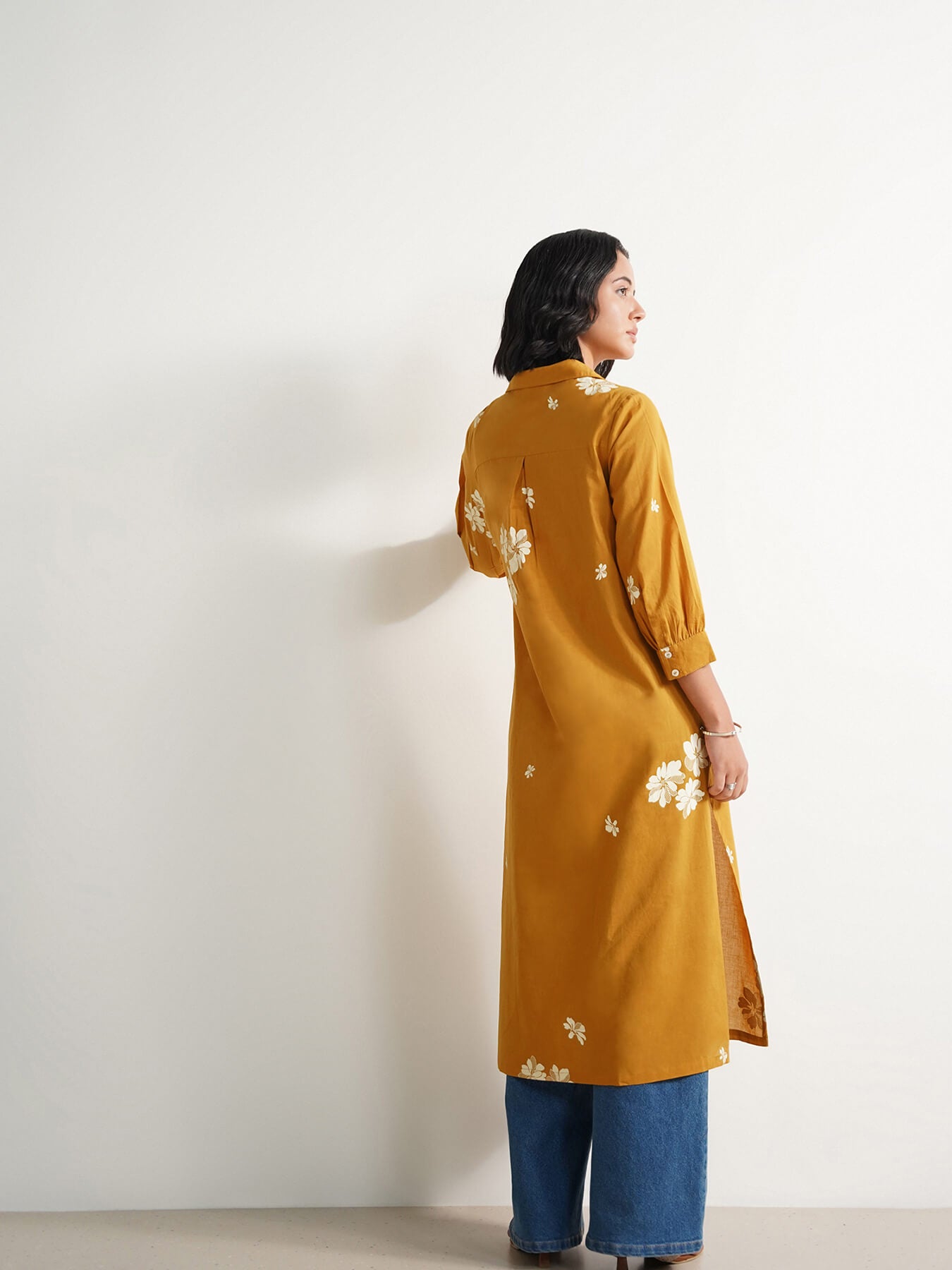 Cotton Floral Straight Kurta - Mustard